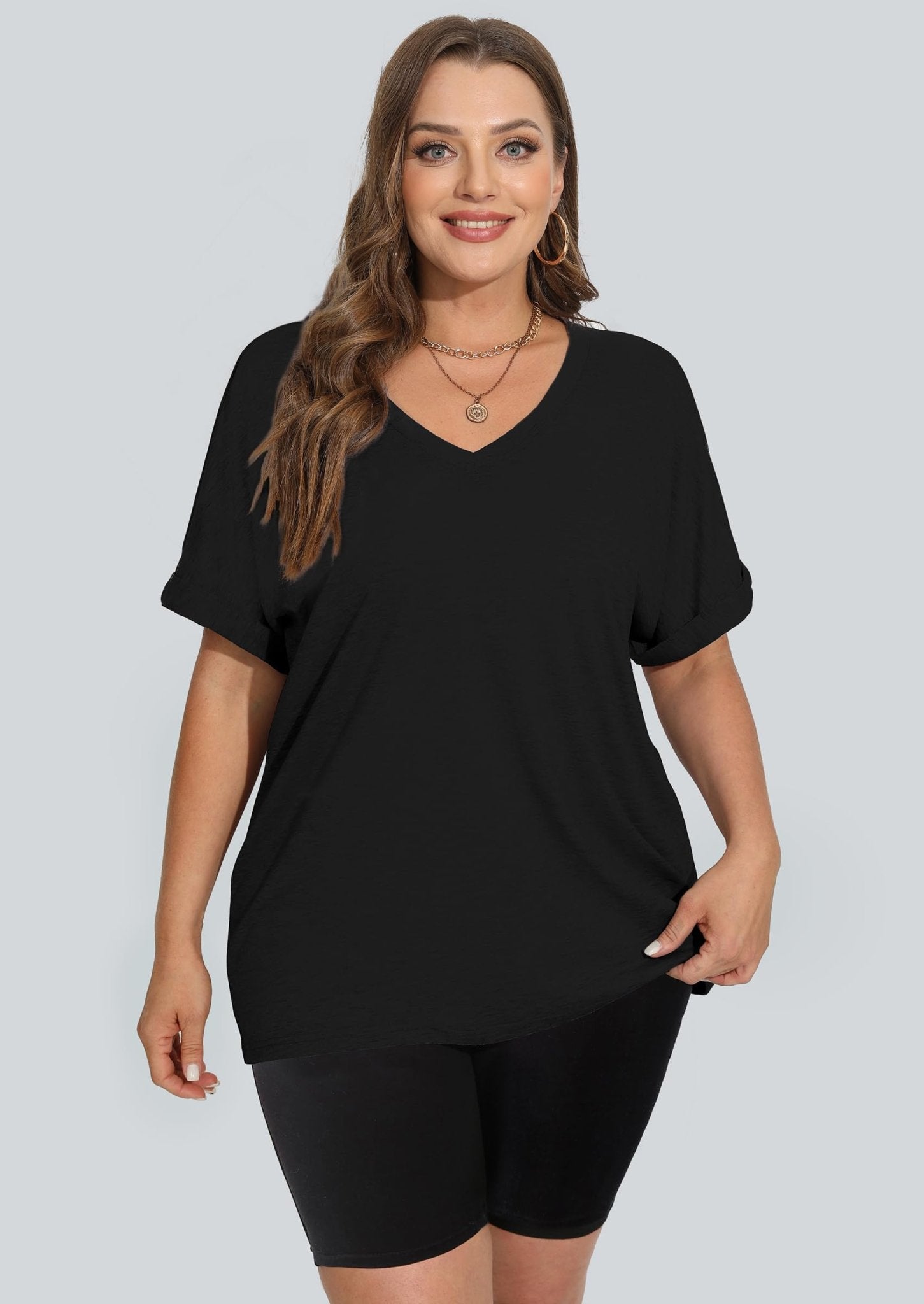 WIHOLL Womens Oversized Tshirts Summer Tops 2025 Short Sleeve V Neck Shirts Outfits Plus Size Clothes