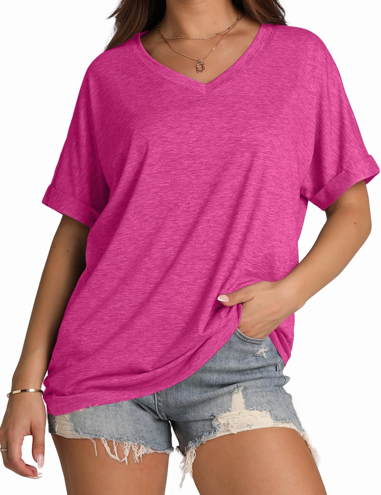 WIHOLL Womens Oversized Tshirts Summer Tops 2025 Short Sleeve V Neck Shirts Outfits Plus Size Clothes