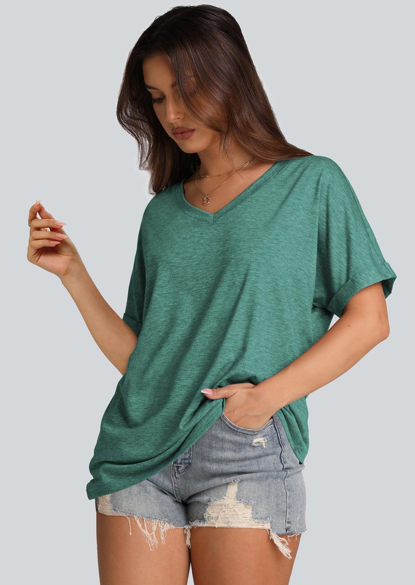 WIHOLL Womens Oversized Tshirts Summer Tops 2025 Short Sleeve V Neck Shirts Outfits Plus Size Clothes