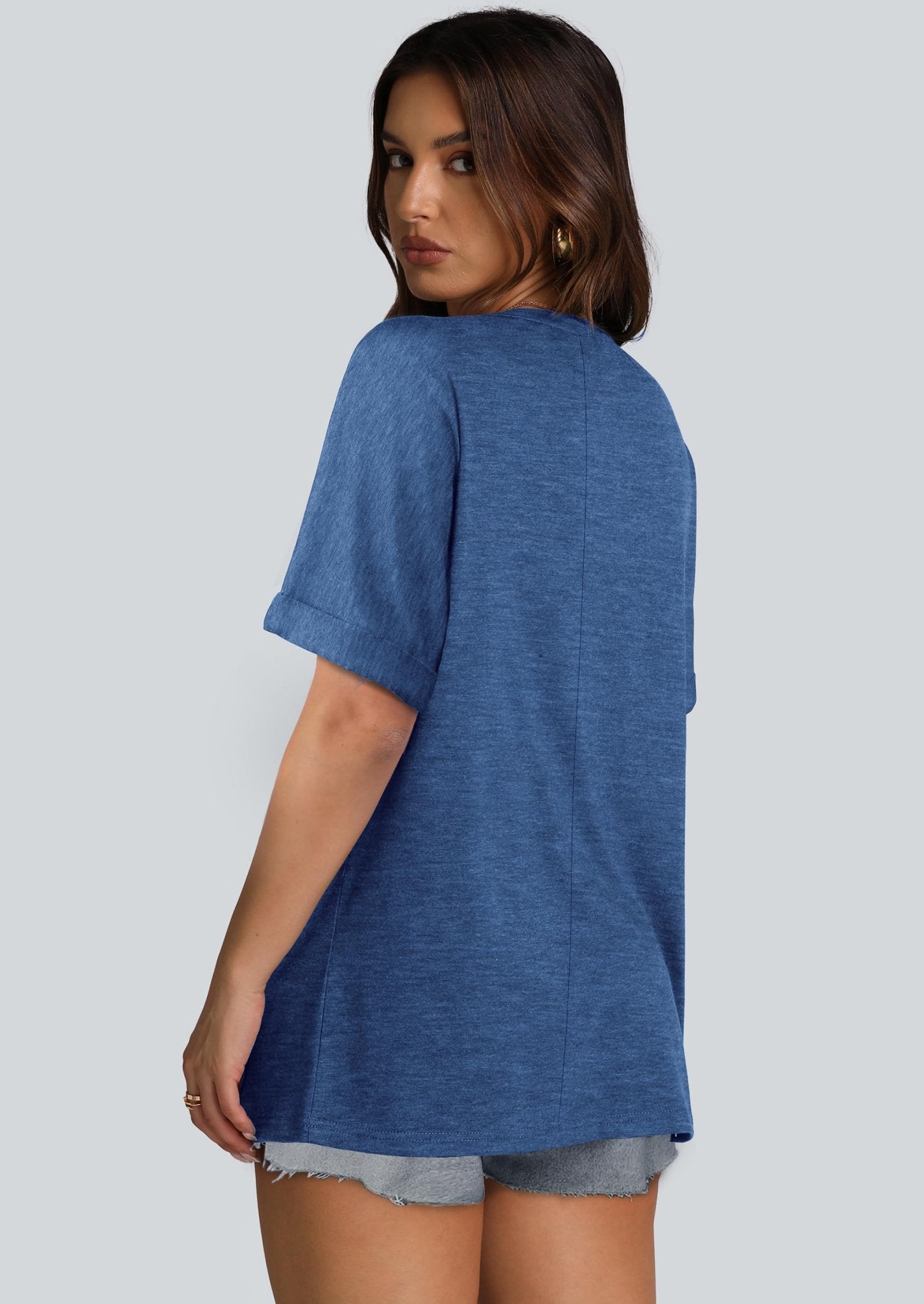 WIHOLL Womens Oversized Tshirts Summer Tops 2025 Short Sleeve V Neck Shirts Outfits Plus Size Clothes