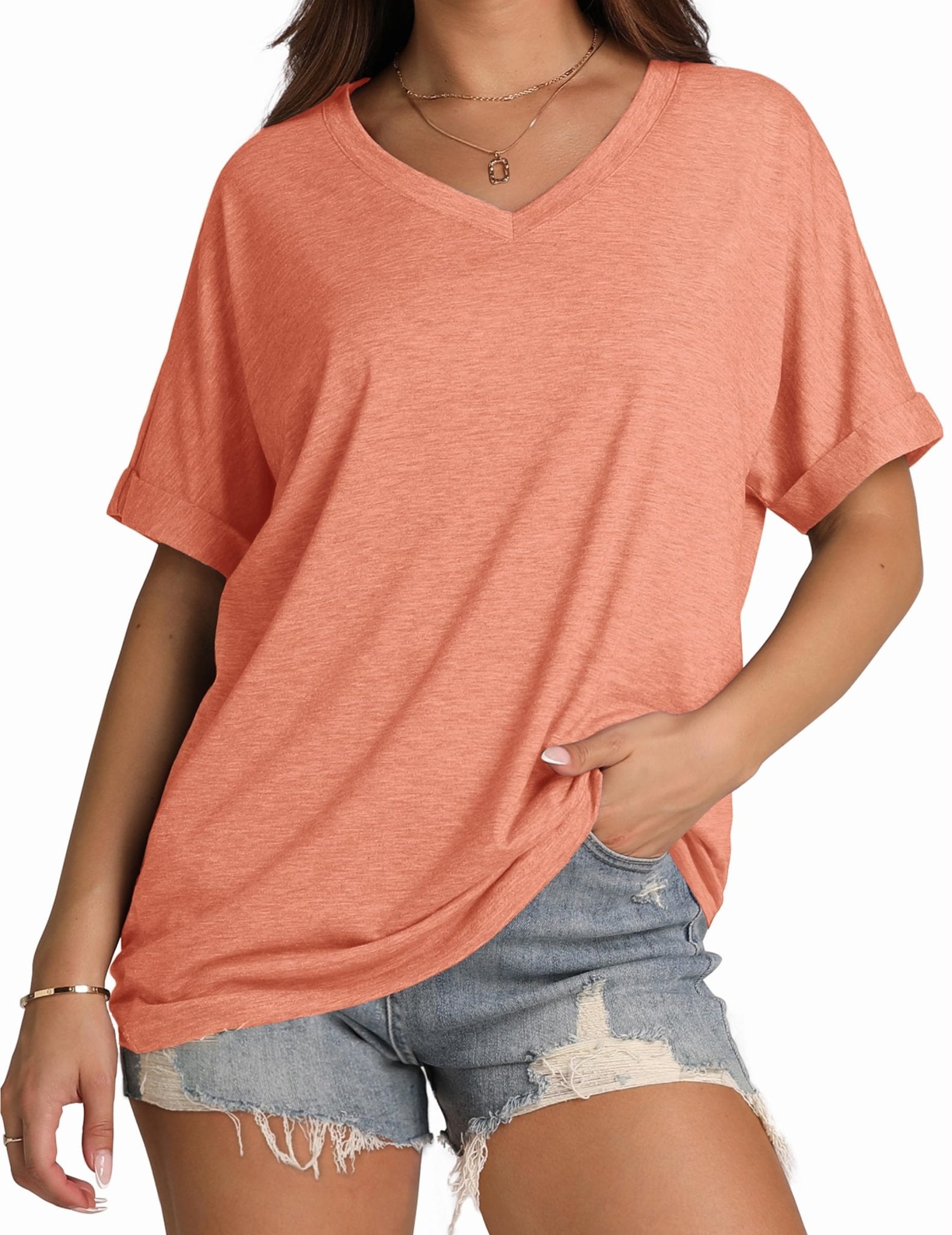 WIHOLL Womens Oversized Tshirts Summer Tops 2025 Short Sleeve V Neck Shirts Outfits Plus Size Clothes