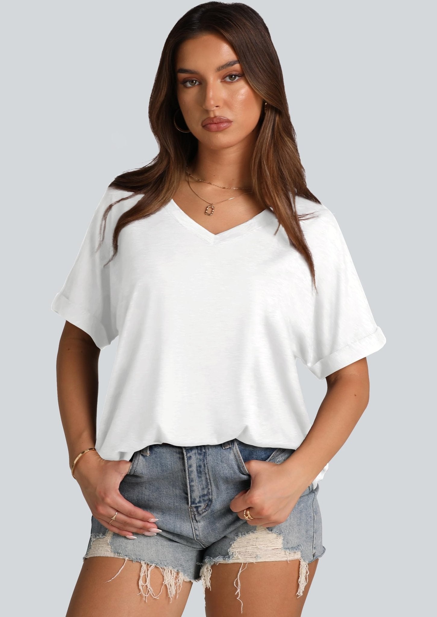 WIHOLL Womens Oversized Tshirts Summer Tops 2025 Short Sleeve V Neck Shirts Outfits Plus Size Clothes