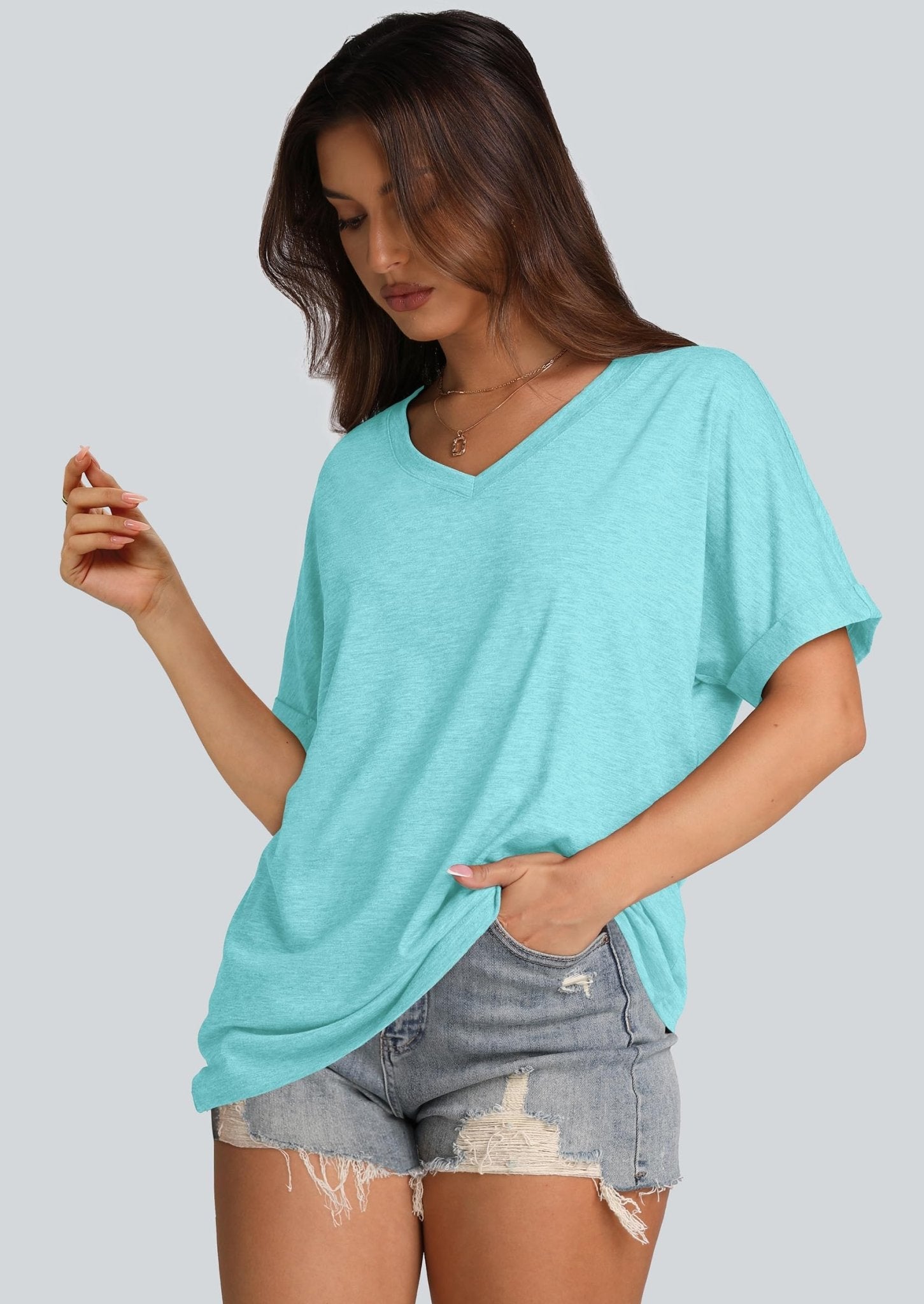 WIHOLL Womens Oversized Tshirts Summer Tops 2025 Short Sleeve V Neck Shirts Outfits Plus Size Clothes