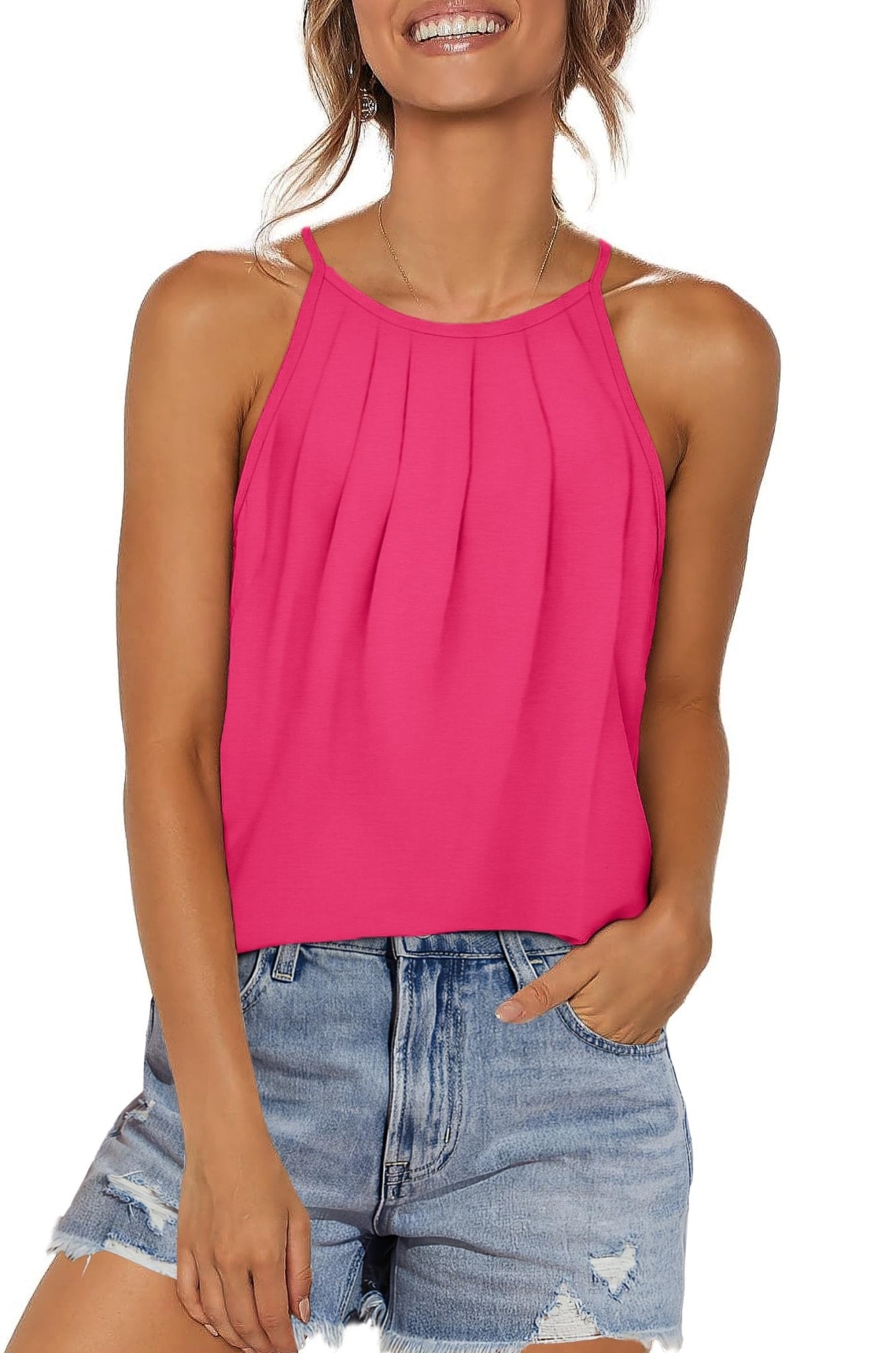 WIHOLL Womens Pleated Tank Tops Spaghetti Strap Camisole Halter Tops Curved Hem Fashion 2025