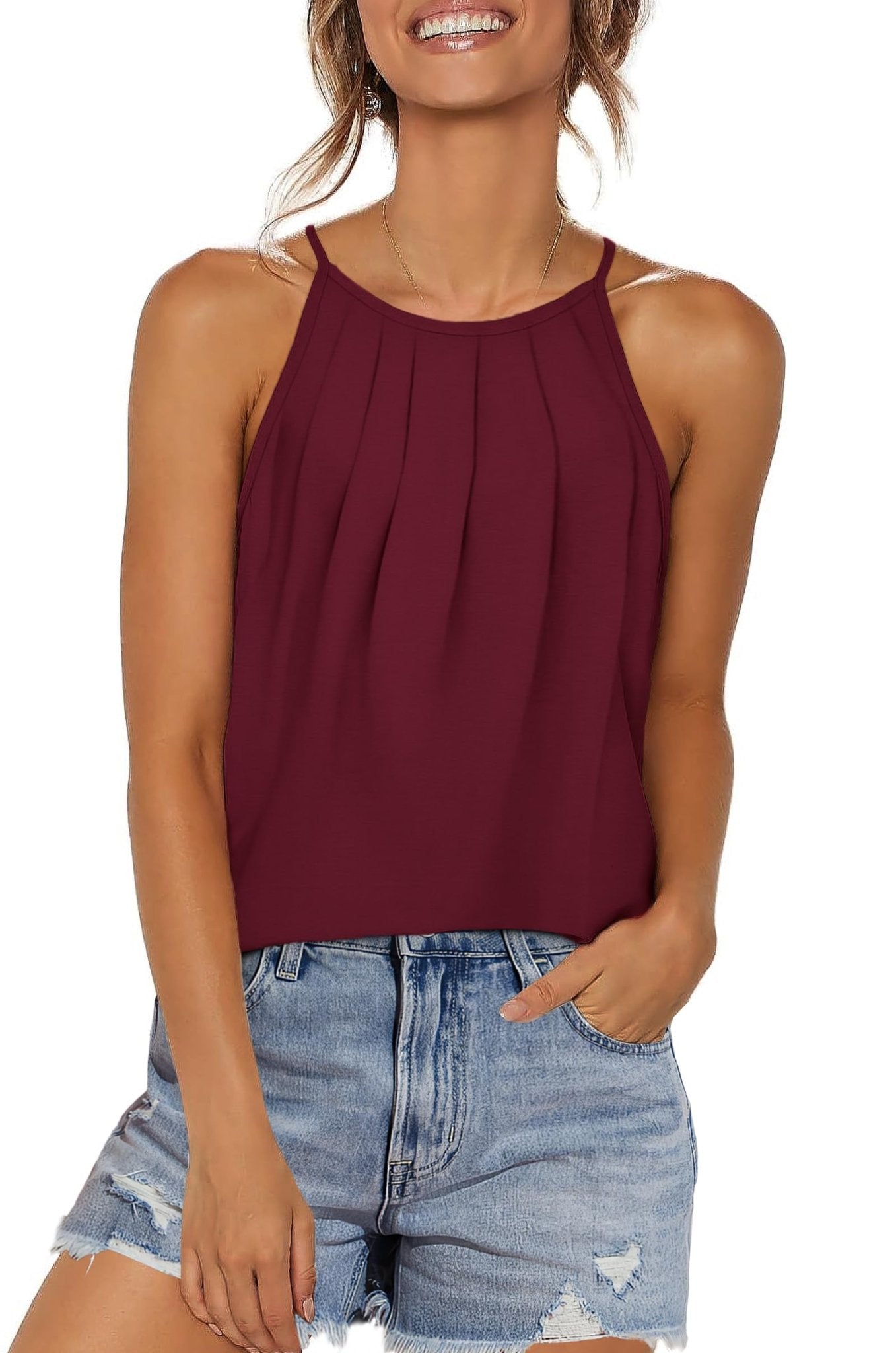 WIHOLL Womens Pleated Tank Tops Spaghetti Strap Camisole Halter Tops Curved Hem Fashion 2025