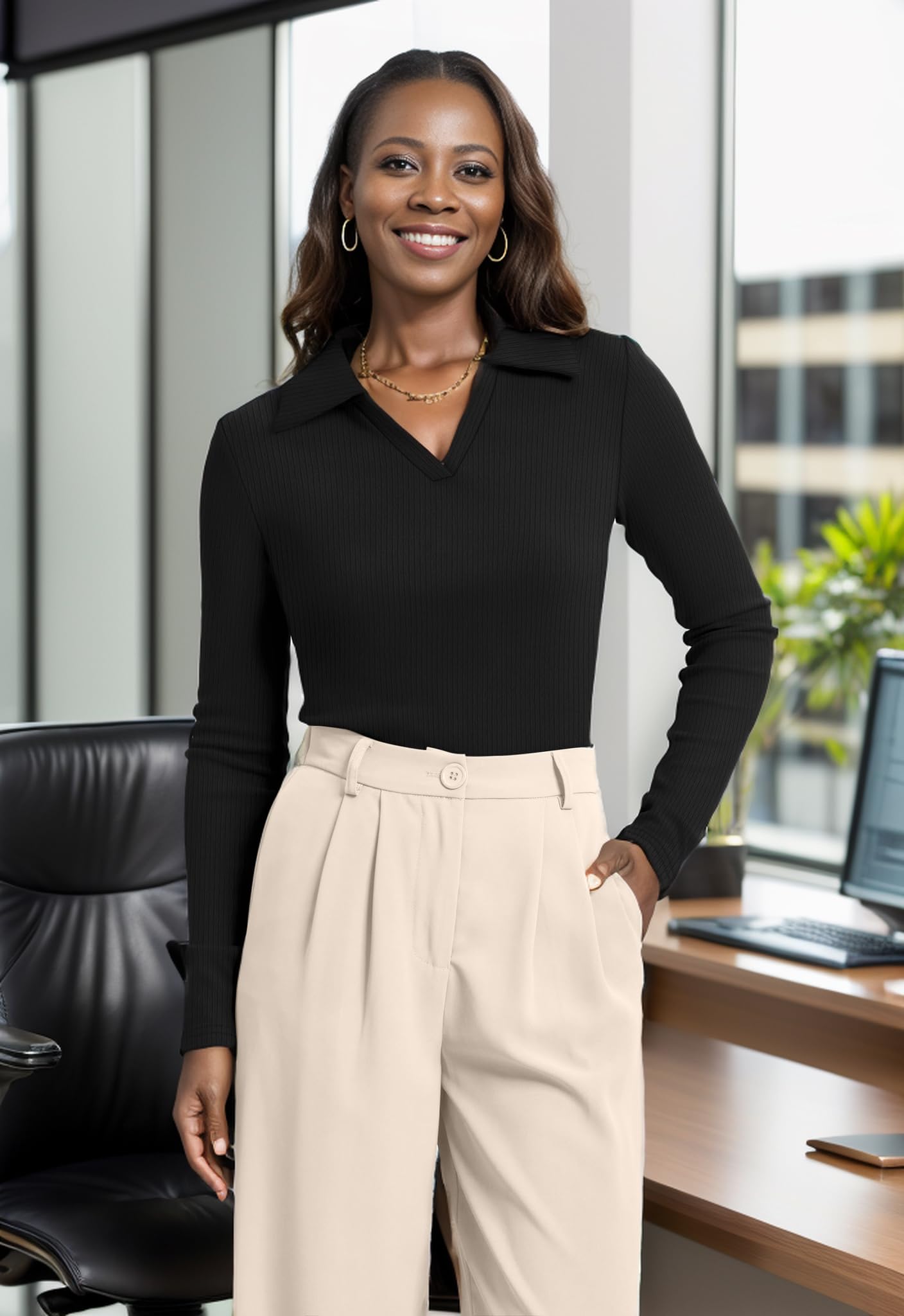 WIHOLL Womens Polo Shirts Long Sleeve Business Casual Tops Collared V Neck Ribbed Knit Sweater Slim Fit Blouses