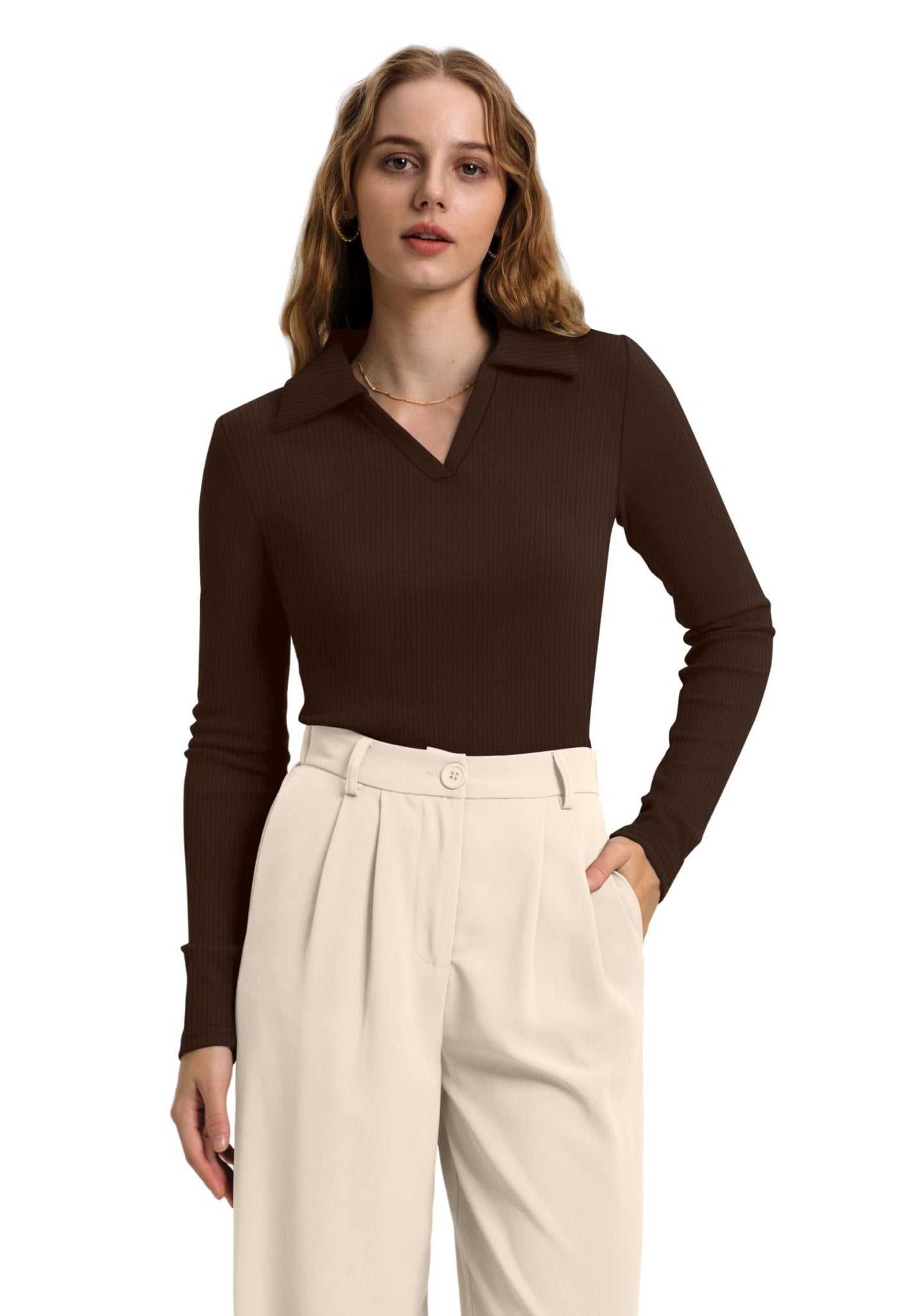 WIHOLL Womens Polo Shirts Long Sleeve Business Casual Tops Collared V Neck Ribbed Knit Sweater Slim Fit Blouses