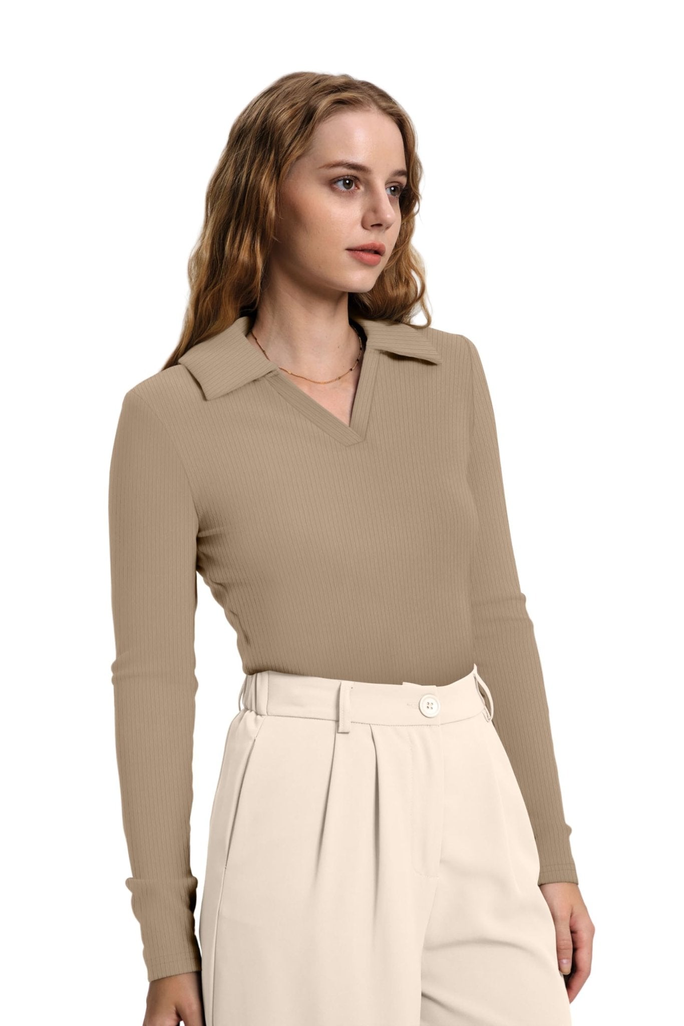 WIHOLL Womens Polo Shirts Long Sleeve Business Casual Tops Collared V Neck Ribbed Knit Sweater Slim Fit Blouses