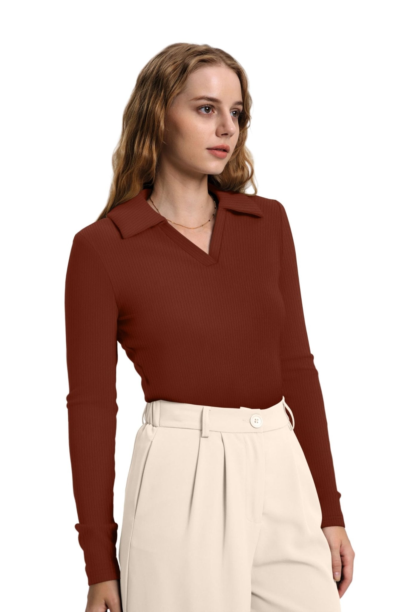 WIHOLL Womens Polo Shirts Long Sleeve Business Casual Tops Collared V Neck Ribbed Knit Sweater Slim Fit Blouses