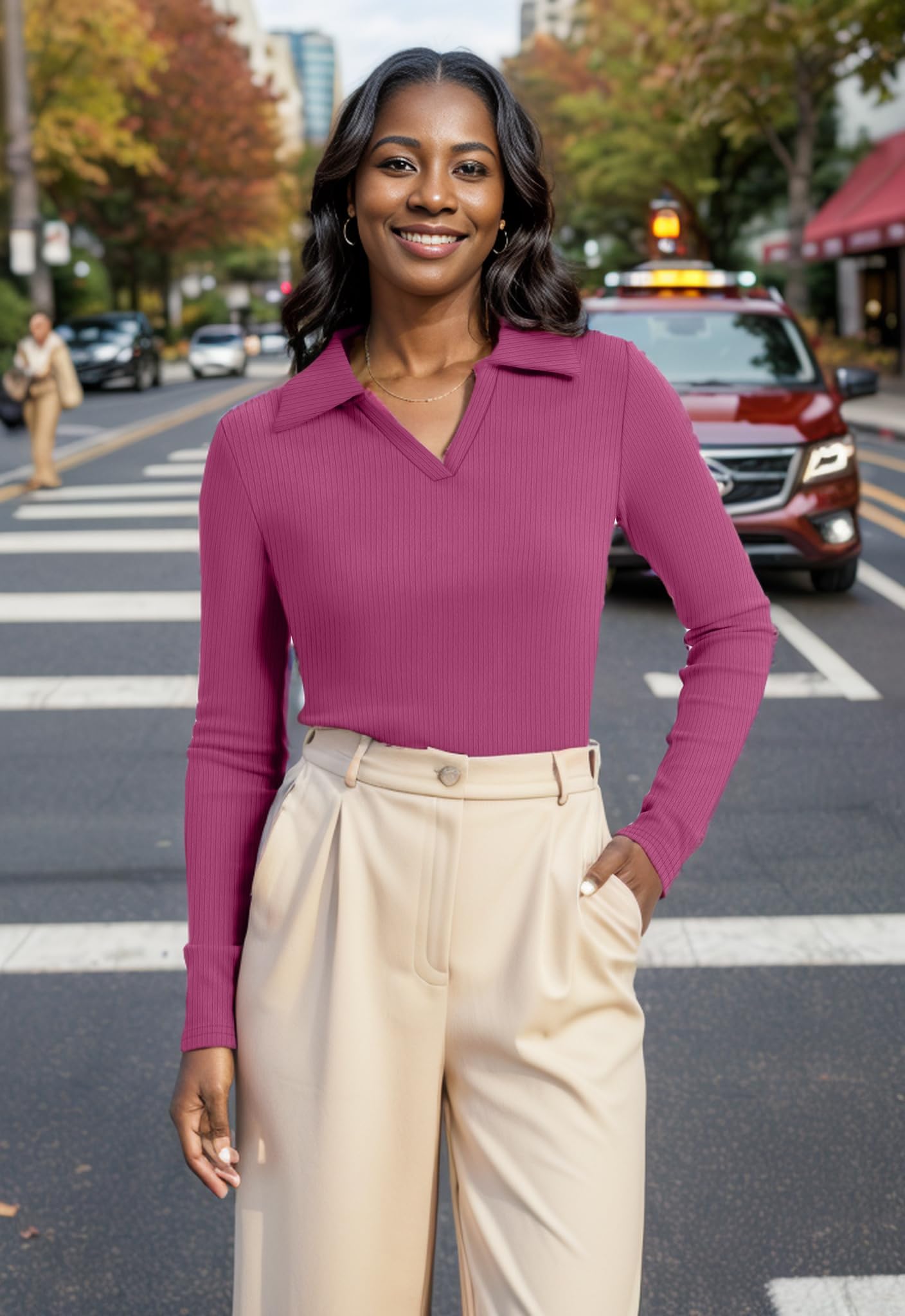 WIHOLL Womens Polo Shirts Long Sleeve Business Casual Tops Collared V Neck Ribbed Knit Sweater Slim Fit Blouses