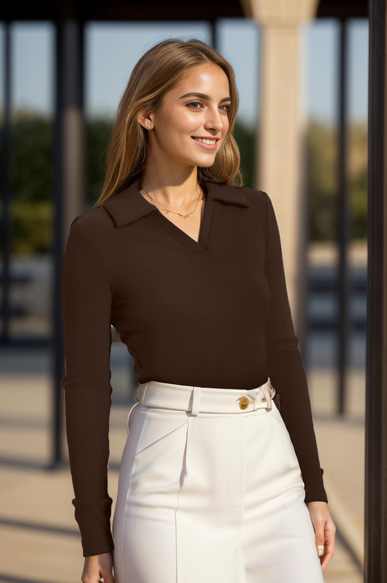 WIHOLL Womens Polo Shirts Long Sleeve Business Casual Tops Collared V Neck Ribbed Knit Sweater Slim Fit Blouses