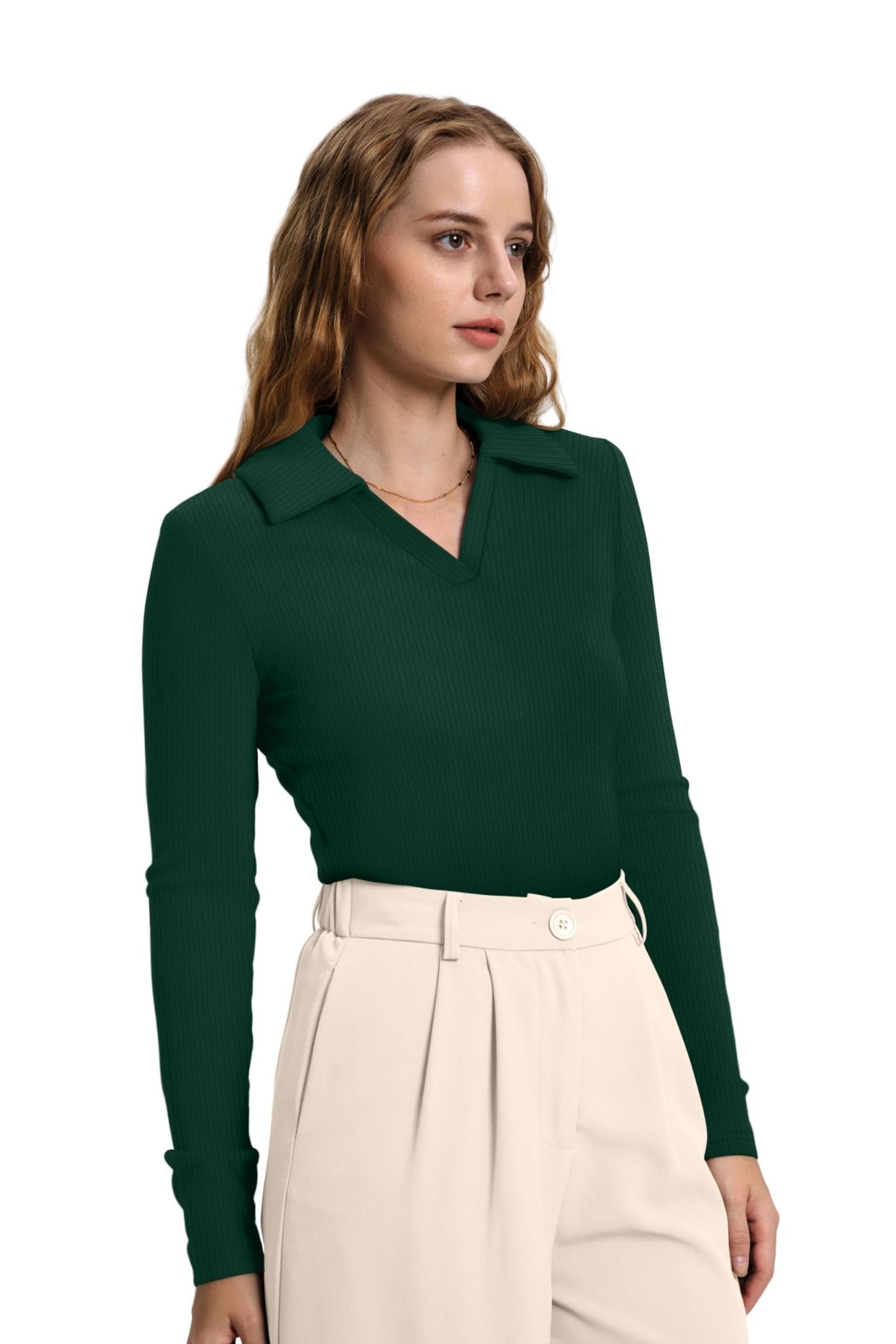 WIHOLL Womens Polo Shirts Long Sleeve Business Casual Tops Collared V Neck Ribbed Knit Sweater Slim Fit Blouses