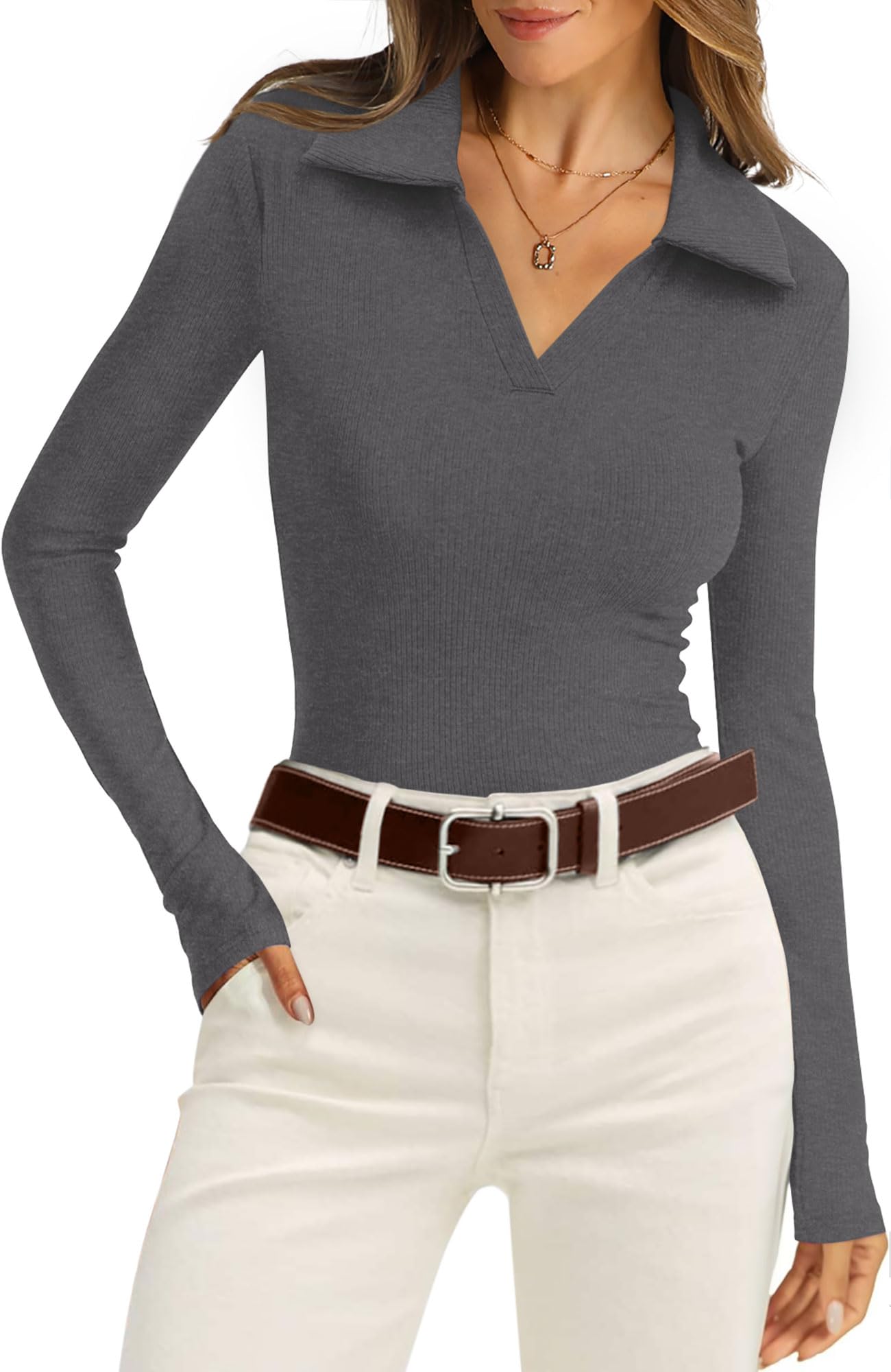 WIHOLL Womens Polo Shirts Long Sleeve Business Casual Tops Collared V Neck Ribbed Knit Sweater Slim Fit Blouses