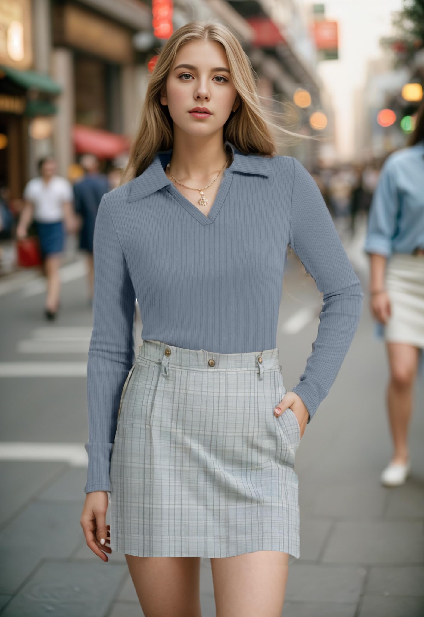 WIHOLL Womens Polo Shirts Long Sleeve Business Casual Tops Collared V Neck Ribbed Knit Sweater Slim Fit Blouses