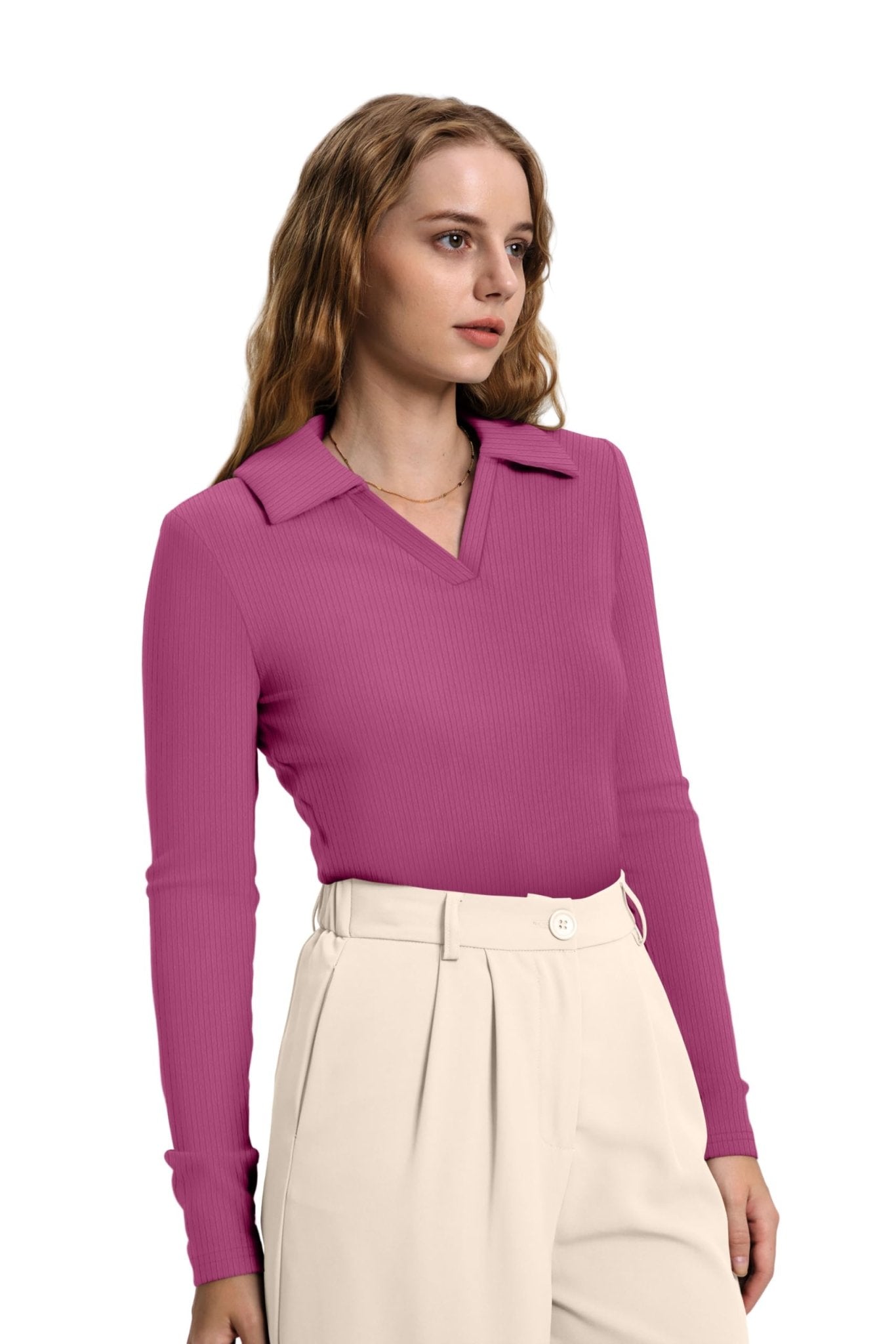 WIHOLL Womens Polo Shirts Long Sleeve Business Casual Tops Collared V Neck Ribbed Knit Sweater Slim Fit Blouses