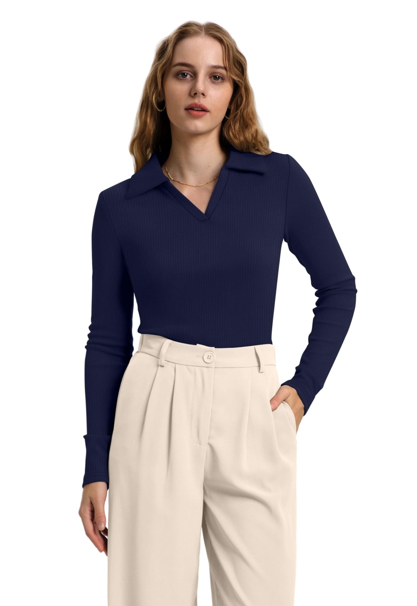 WIHOLL Womens Polo Shirts Long Sleeve Business Casual Tops Collared V Neck Ribbed Knit Sweater Slim Fit Blouses