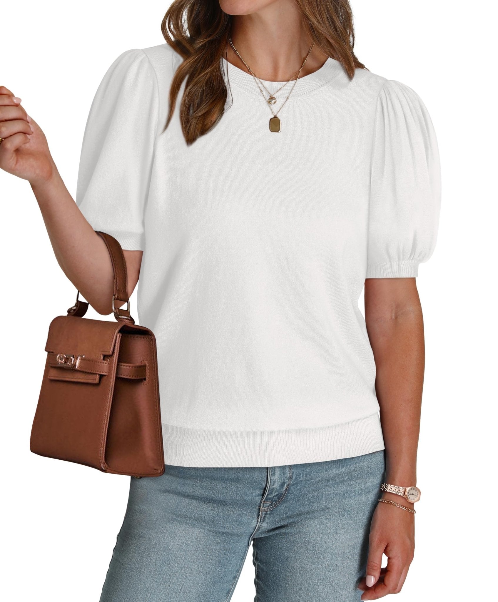 WIHOLL Women's Puff Short Sleeve Sweater 2025 Spring Summer Tops Trendy Business Casual Outfits Work Blouses Clothes