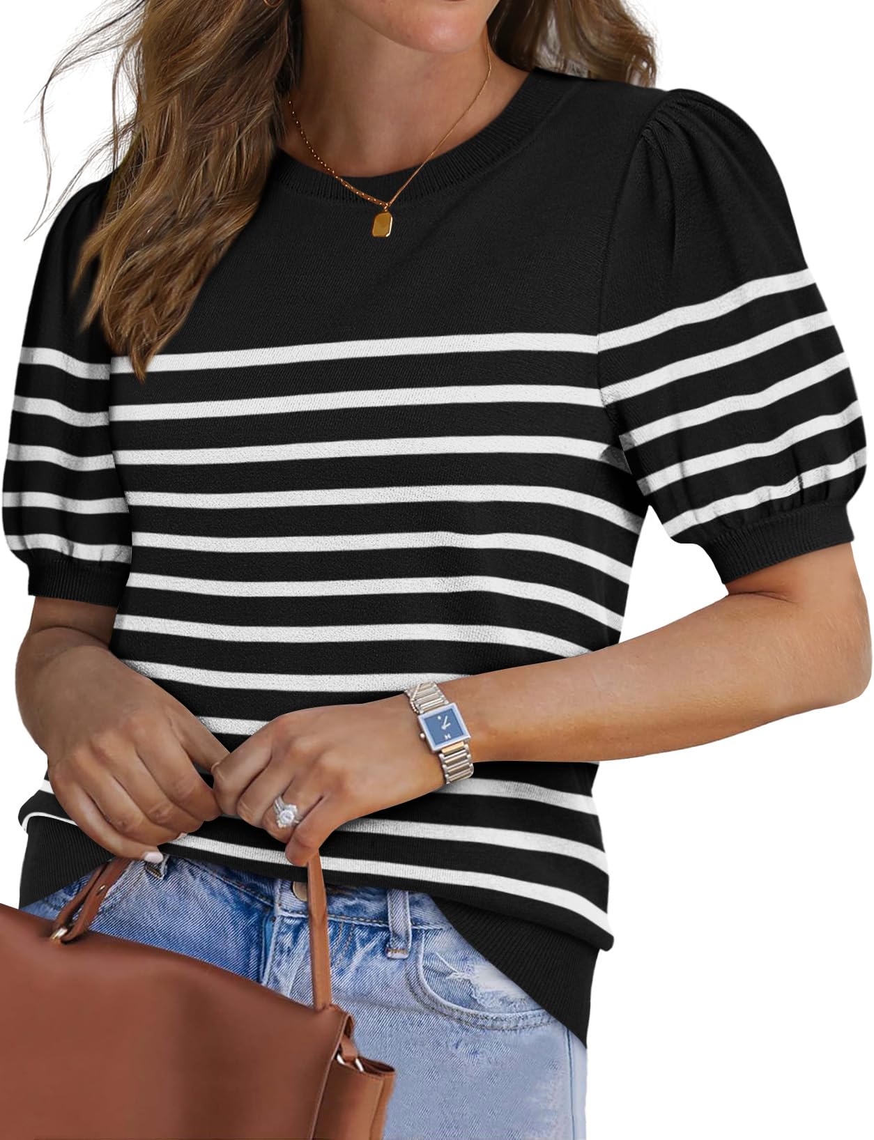 WIHOLL Women's Puff Short Sleeve Sweater 2025 Spring Summer Tops Trendy Business Casual Outfits Work Blouses Clothes