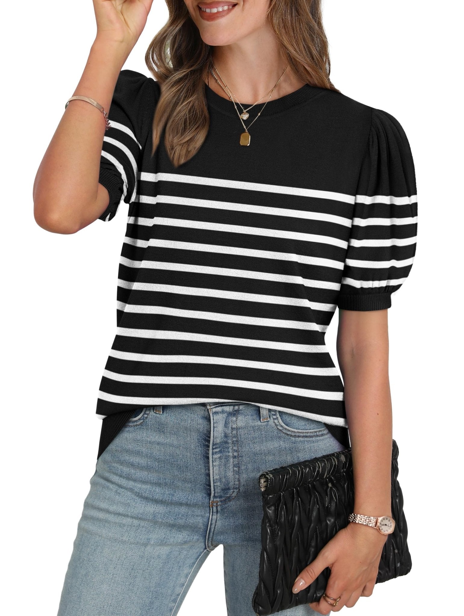 WIHOLL Women's Puff Short Sleeve Sweater 2025 Spring Summer Tops Trendy Business Casual Outfits Work Blouses Clothes