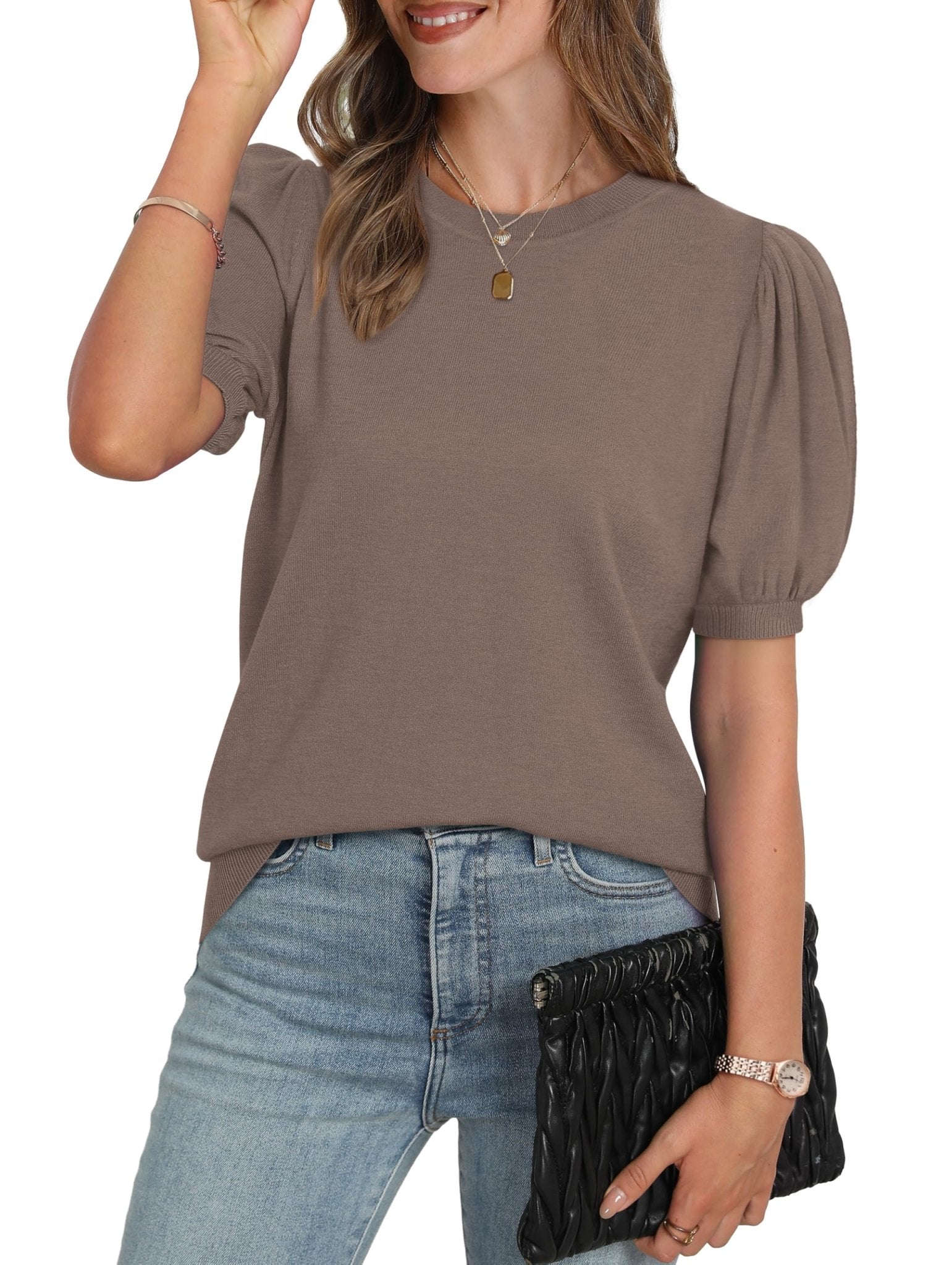 WIHOLL Women's Puff Short Sleeve Sweater 2025 Spring Summer Tops Trendy Business Casual Outfits Work Blouses Clothes