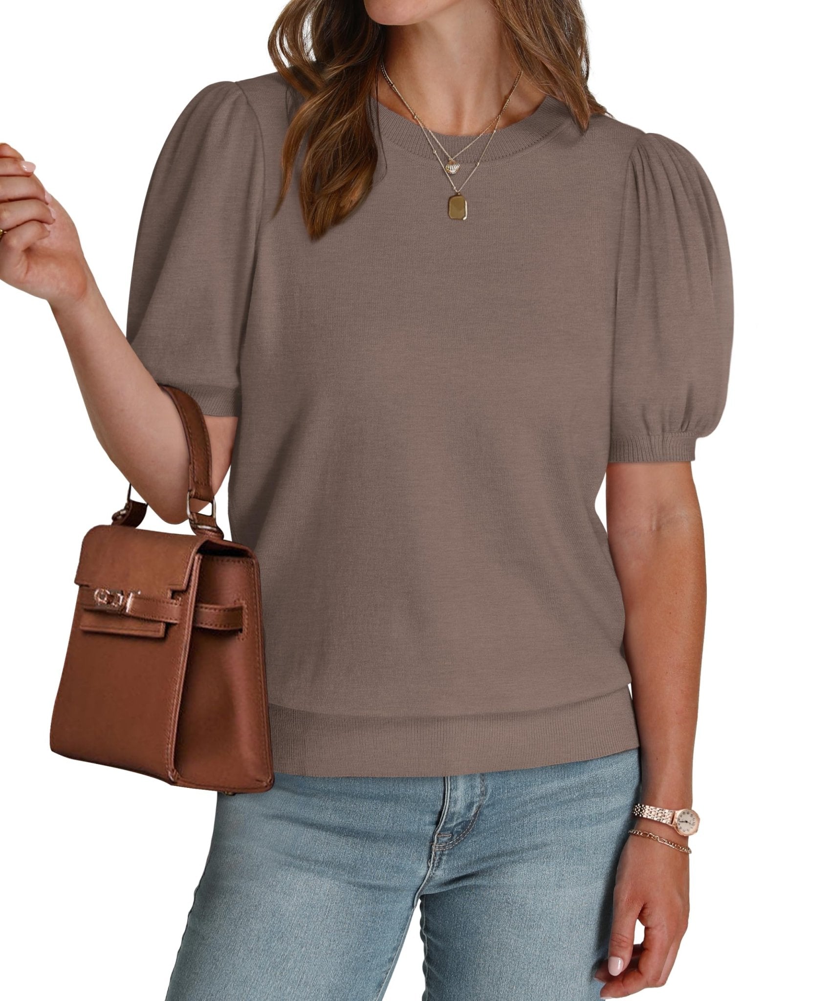 WIHOLL Women's Puff Short Sleeve Sweater 2025 Spring Summer Tops Trendy Business Casual Outfits Work Blouses Clothes