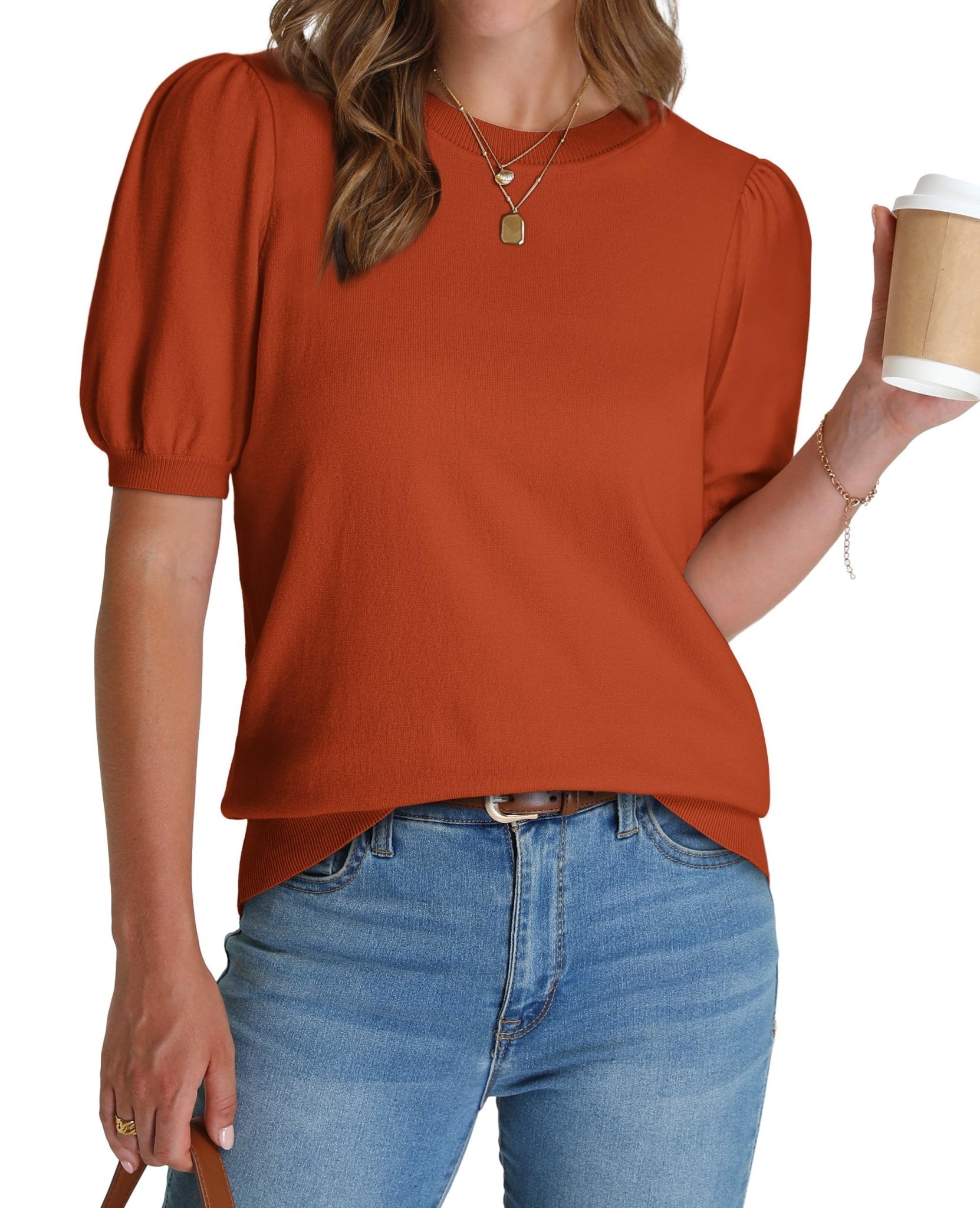 WIHOLL Women's Puff Short Sleeve Sweater 2025 Spring Summer Tops Trendy Business Casual Outfits Work Blouses Clothes