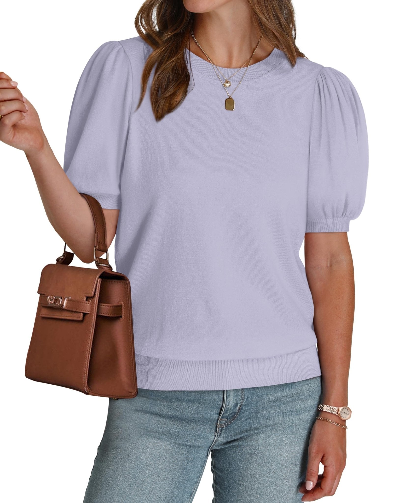 WIHOLL Women's Puff Short Sleeve Sweater 2025 Spring Summer Tops Trendy Business Casual Outfits Work Blouses Clothes