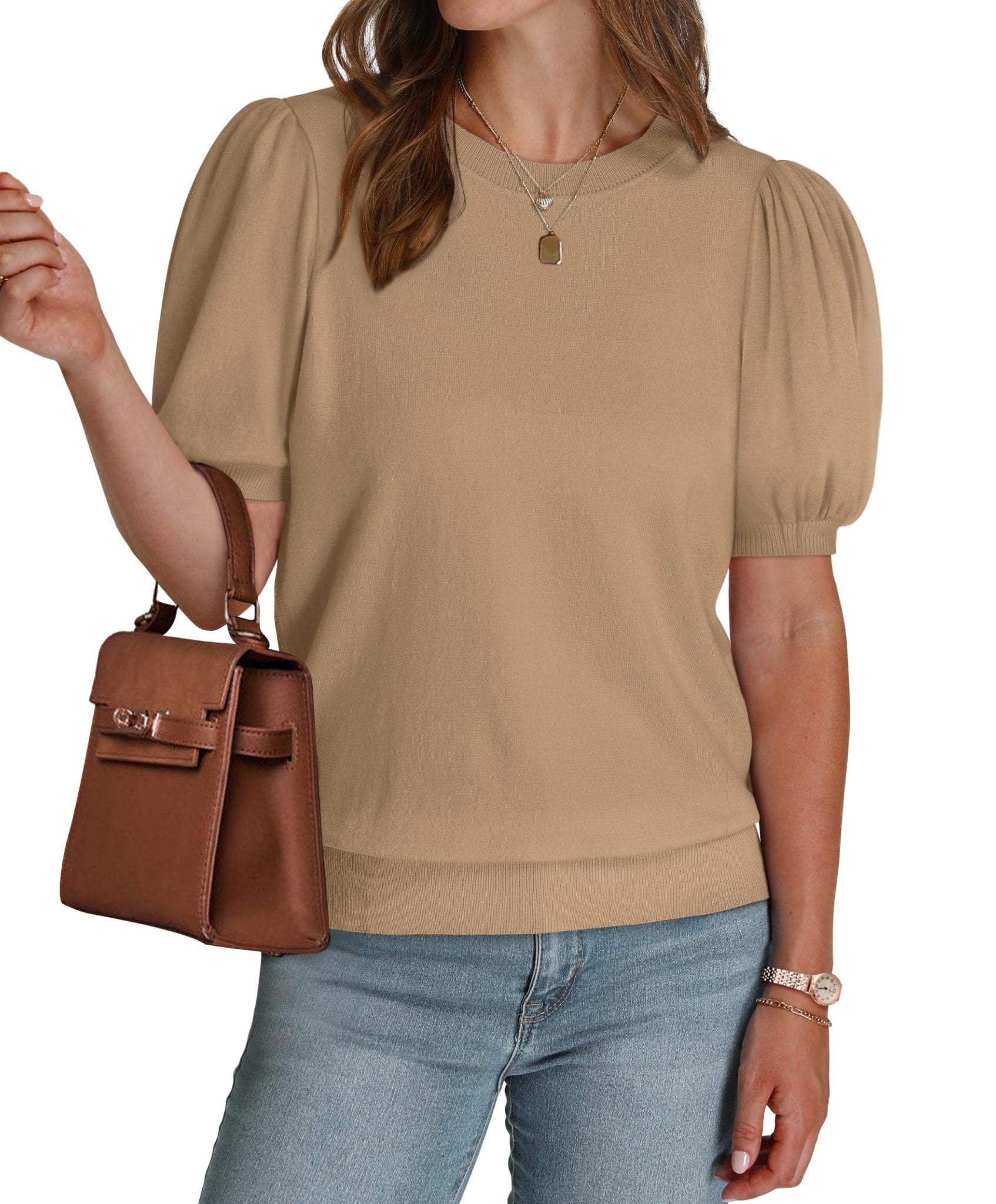 WIHOLL Women's Puff Short Sleeve Sweater 2025 Spring Summer Tops Trendy Business Casual Outfits Work Blouses Clothes