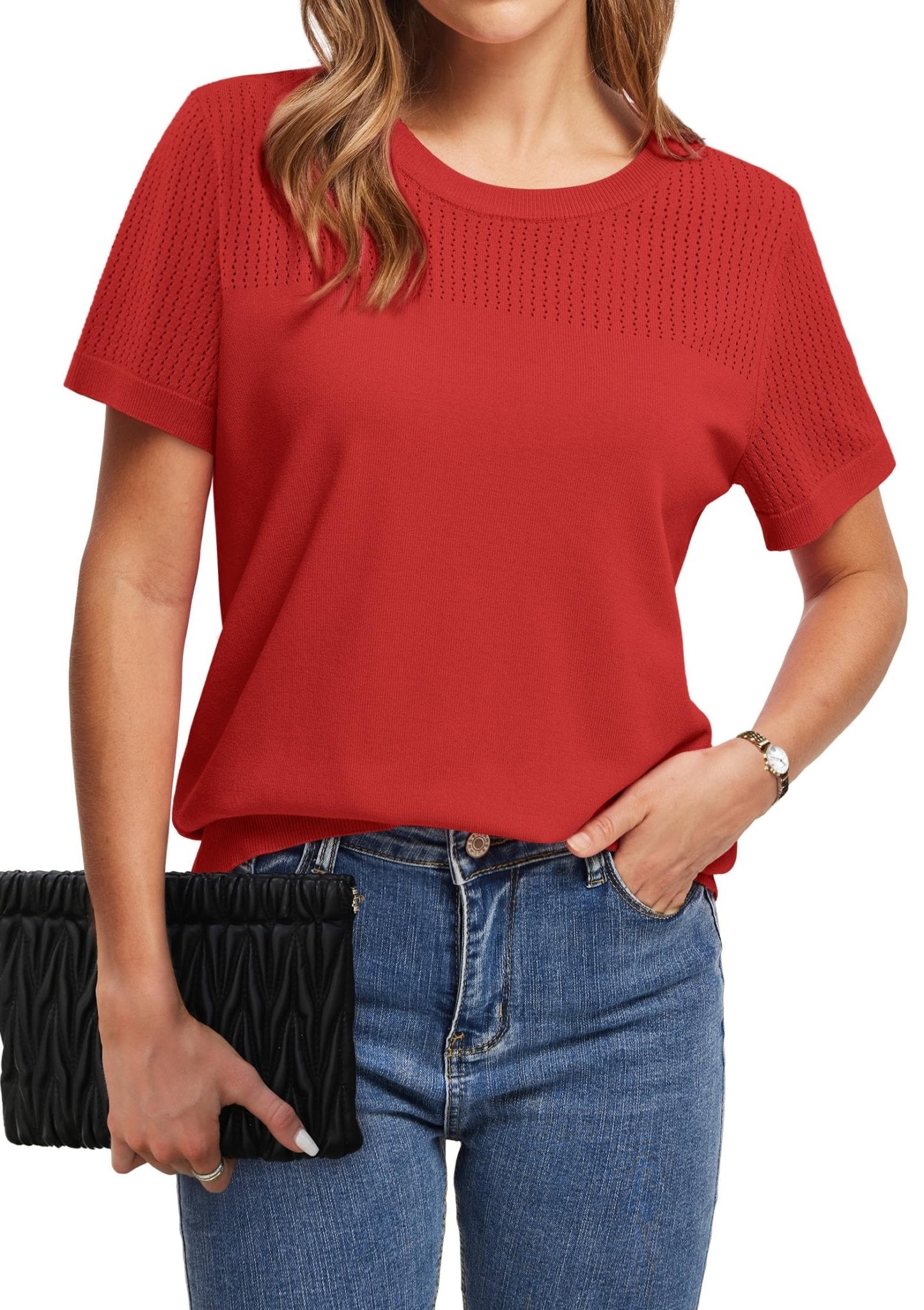 WIHOLL Women’s Short Sleeve Sweater 2025 Spring Summer Tops Pointelle Knit Business Casual Outfits Work Blouses Clothes n