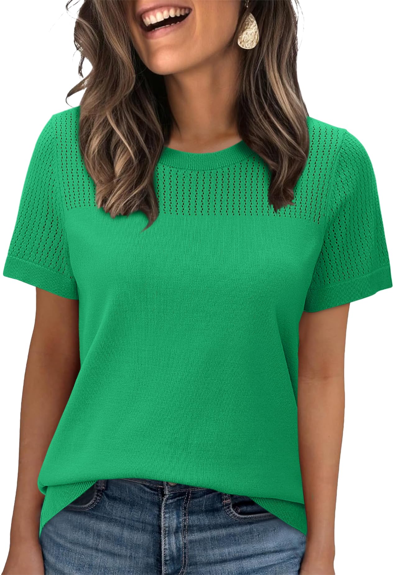 WIHOLL Women’s Short Sleeve Sweater 2025 Spring Summer Tops Pointelle Knit Business Casual Outfits Work Blouses Clothes n