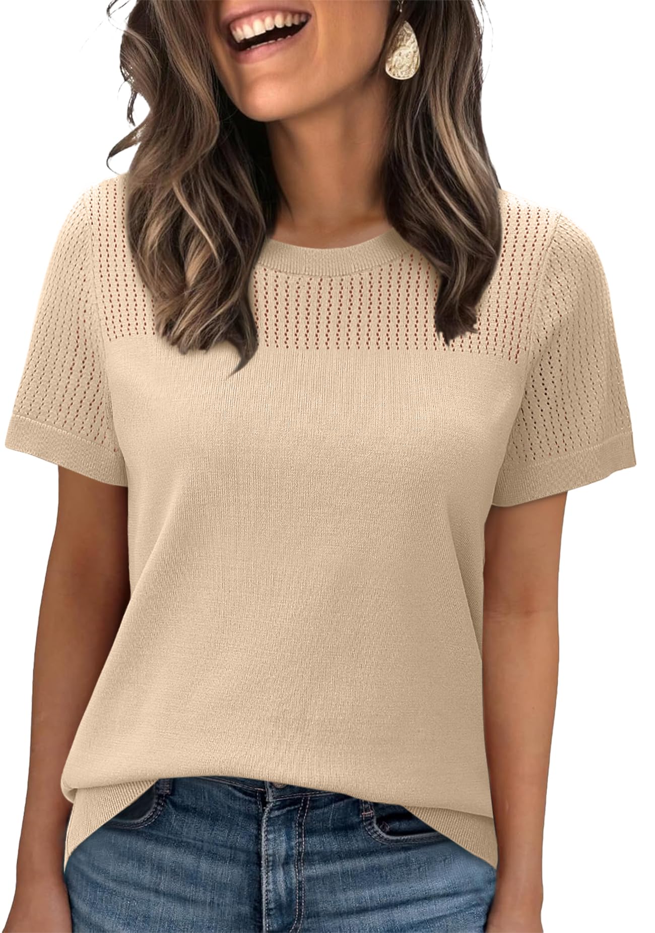 WIHOLL Women’s Short Sleeve Sweater 2025 Spring Summer Tops Pointelle Knit Business Casual Outfits Work Blouses Clothes n