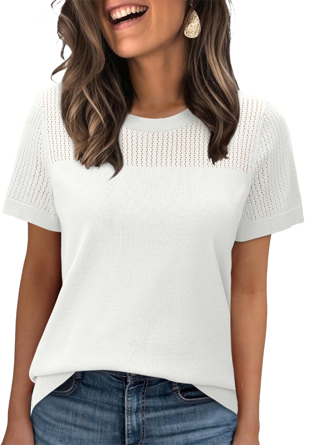 WIHOLL Women’s Short Sleeve Sweater 2025 Spring Summer Tops Pointelle Knit Business Casual Outfits Work Blouses Clothes n