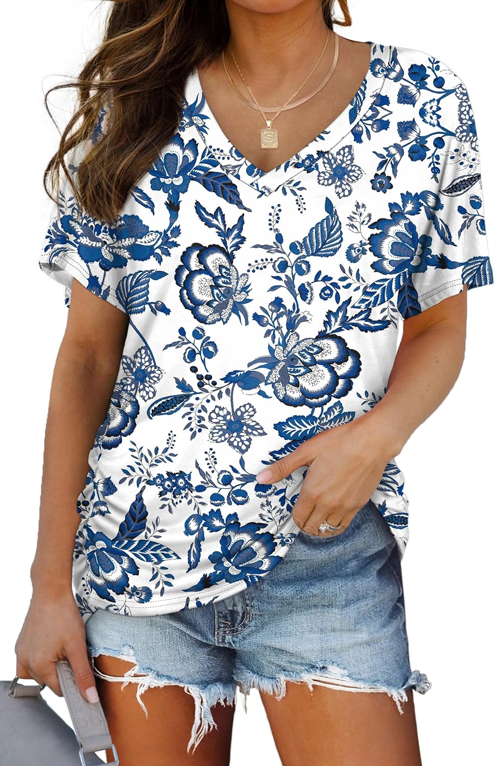 WIHOLL Womens Short Sleeve V Neck Dolman Tops with Side Shirring Loose Fit Shirts