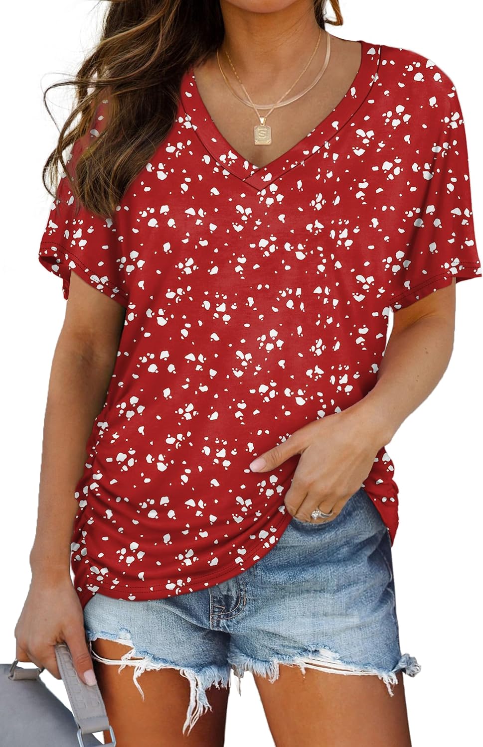 WIHOLL Womens Short Sleeve V Neck Dolman Tops with Side Shirring Loose Fit Shirts