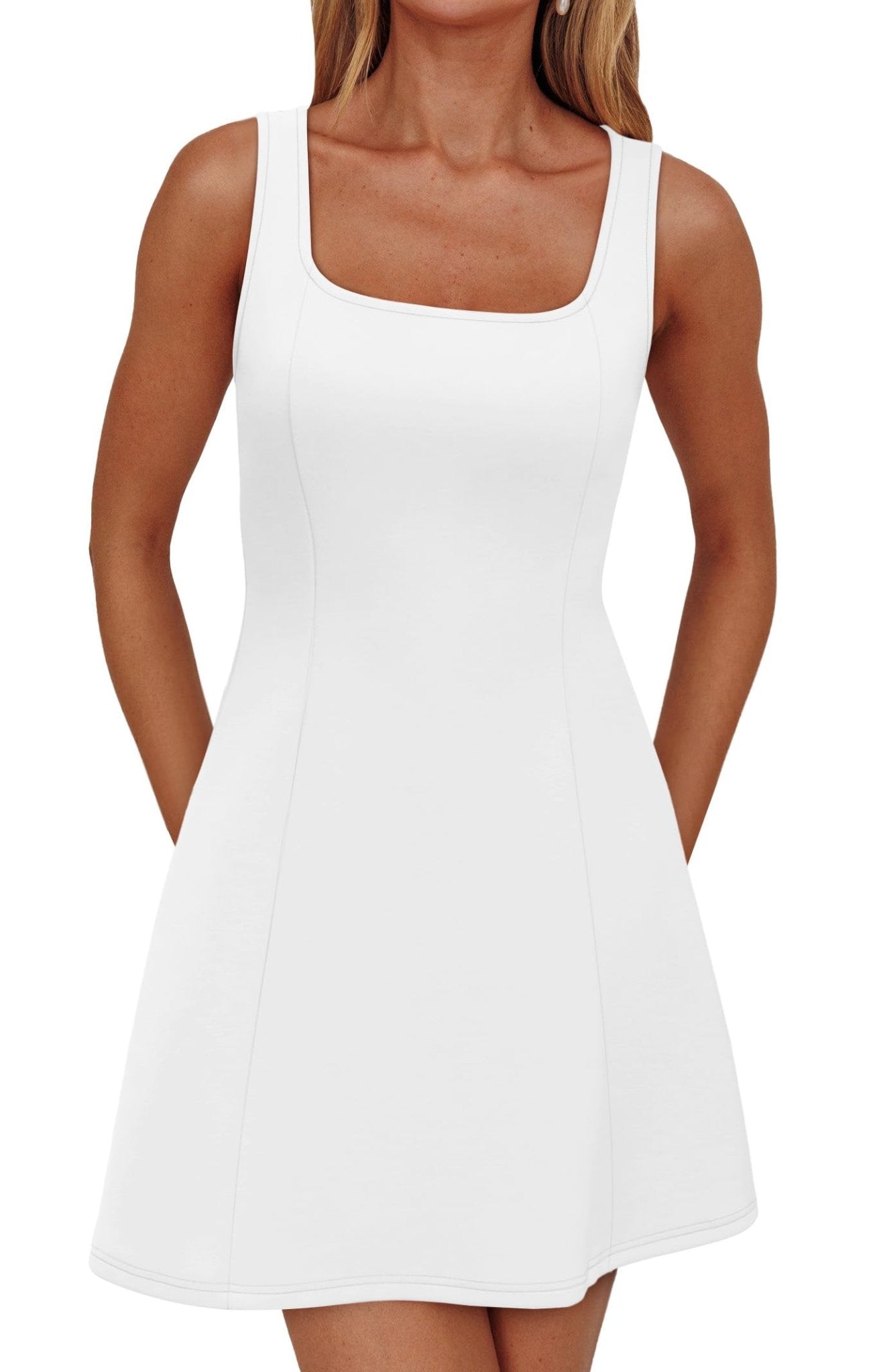 WIHOLL Women's Square Neck A-Line Sleeveless Mini Dress Summer Club Party Little Short Dresses