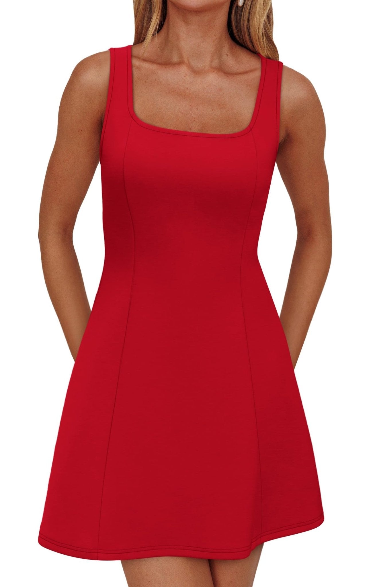 WIHOLL Women's Square Neck A-Line Sleeveless Mini Dress Summer Club Party Little Short Dresses