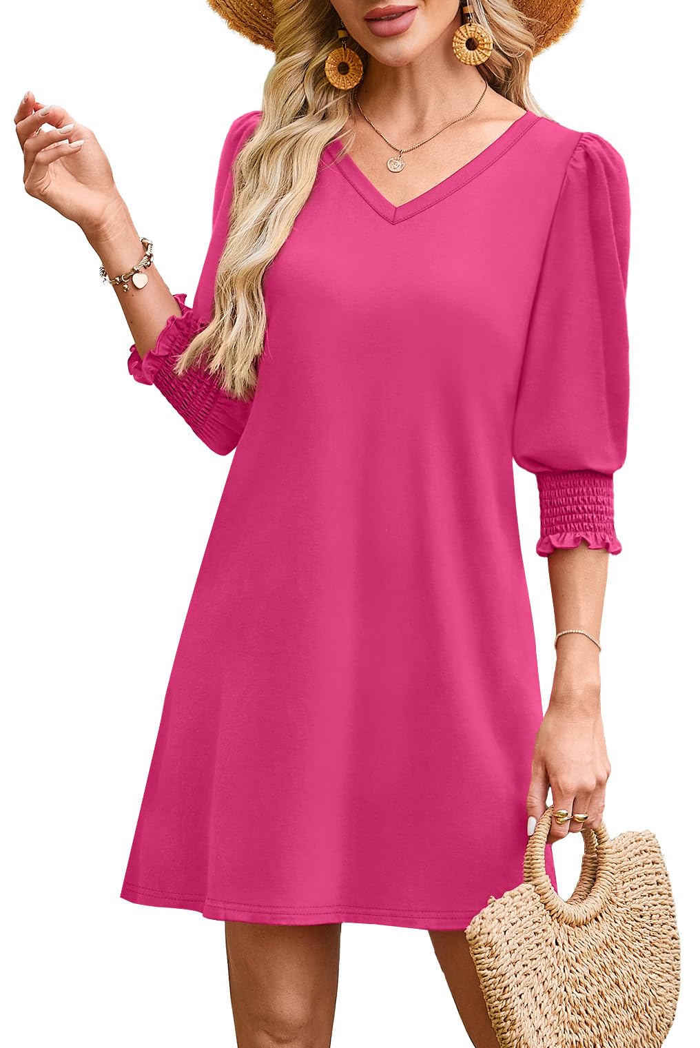 WIHOLL Women's Summer Dresses 3/4 Puff Sleeve Casual Sundress Dress with Pockets Beach Vacation 2025 Fashion