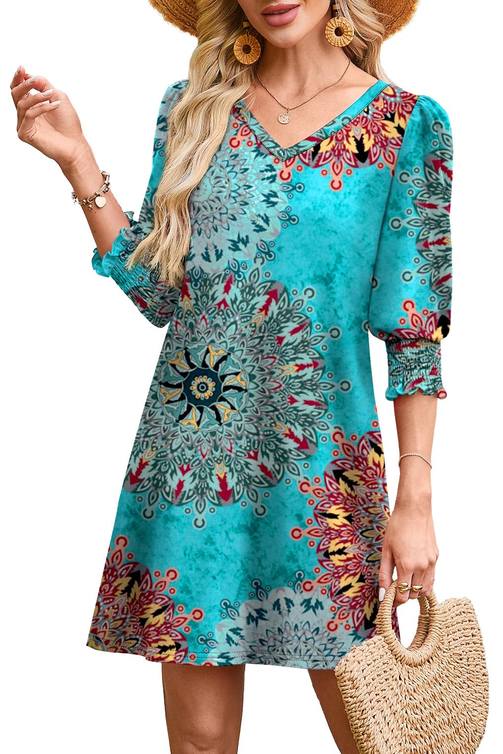 WIHOLL Women's Summer Dresses 3/4 Puff Sleeve Casual Sundress Dress with Pockets Beach Vacation 2025 Fashion