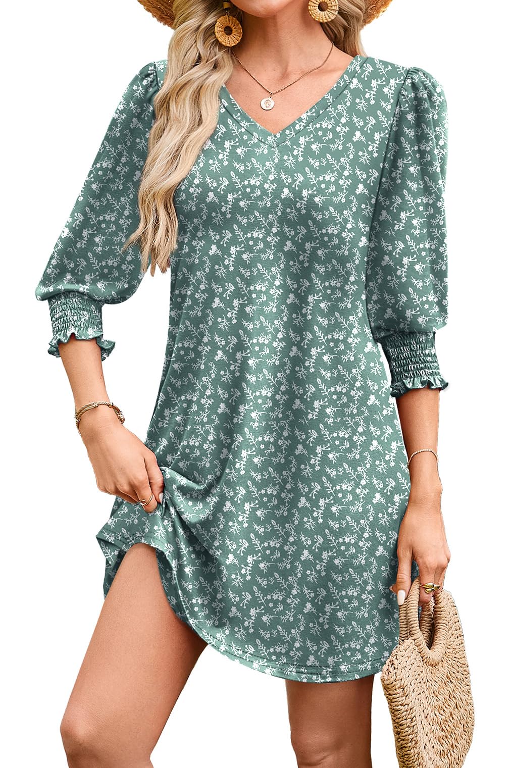 WIHOLL Women's Summer Dresses 3/4 Puff Sleeve Casual Sundress Dress with Pockets Beach Vacation 2025 Fashion