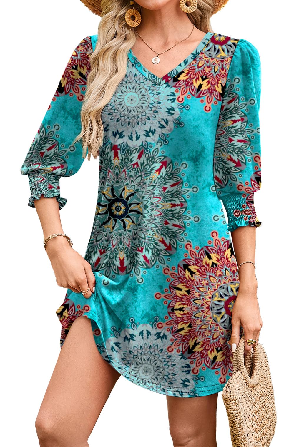 WIHOLL Women's Summer Dresses 3/4 Puff Sleeve Casual Sundress Dress with Pockets Beach Vacation 2025 Fashion