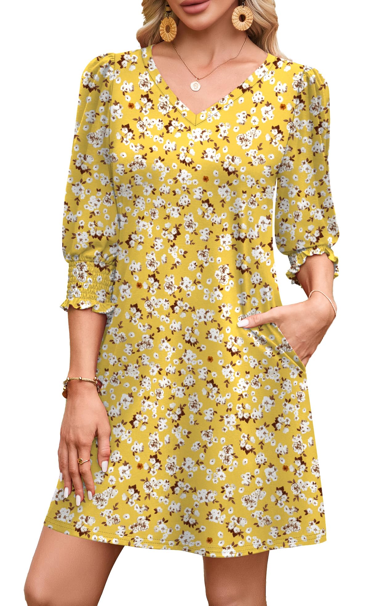 WIHOLL Women's Summer Dresses 3/4 Puff Sleeve Casual Sundress Dress with Pockets Beach Vacation 2025 Fashion