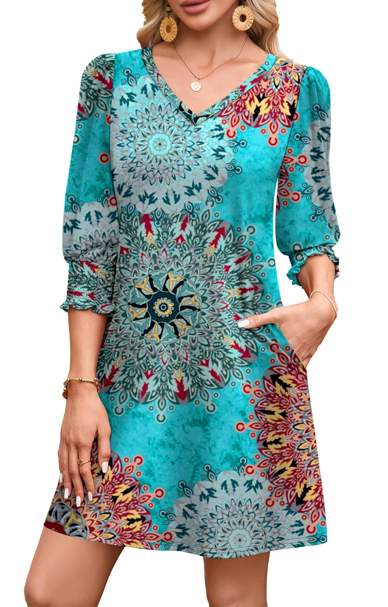 WIHOLL Women's Summer Dresses 3/4 Puff Sleeve Casual Sundress Dress with Pockets Beach Vacation 2025 Fashion