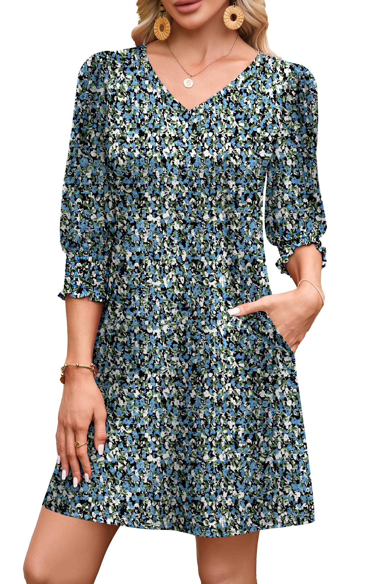 WIHOLL Women's Summer Dresses 3/4 Puff Sleeve Casual Sundress Dress with Pockets Beach Vacation 2025 Fashion