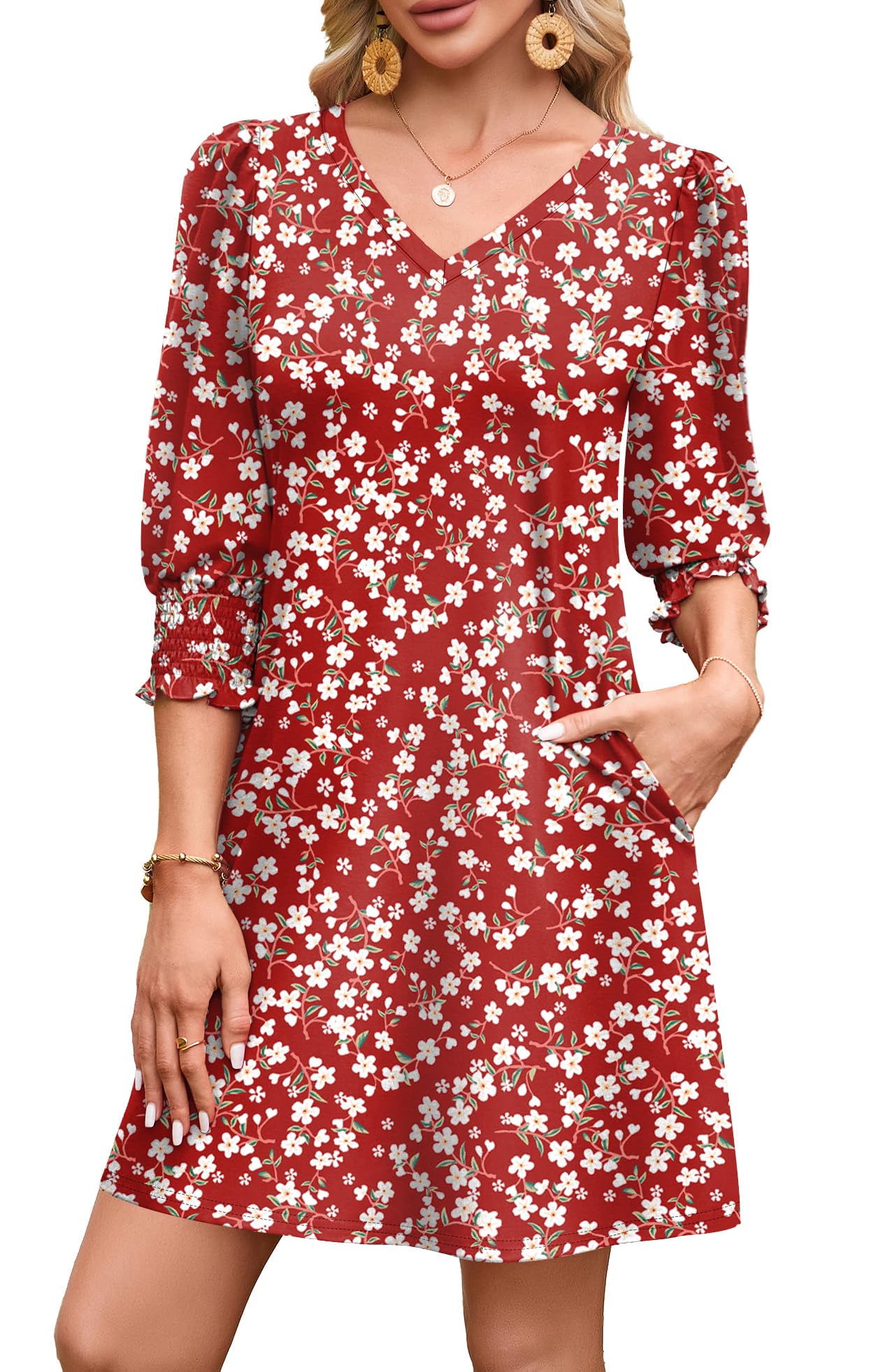 WIHOLL Women's Summer Dresses 3/4 Puff Sleeve Casual Sundress Dress with Pockets Beach Vacation 2025 Fashion