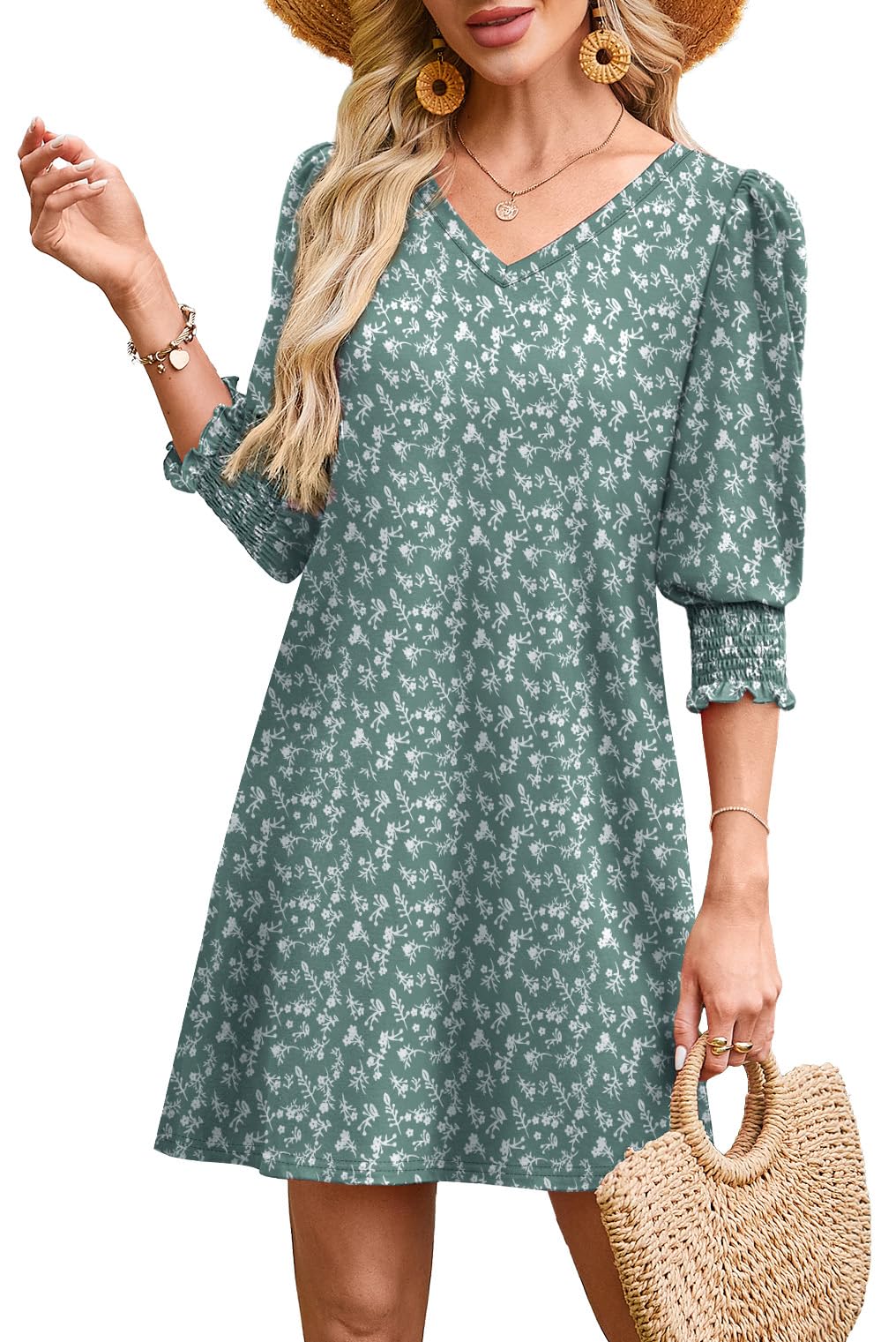 WIHOLL Women's Summer Dresses 3/4 Puff Sleeve Casual Sundress Dress with Pockets Beach Vacation 2025 Fashion