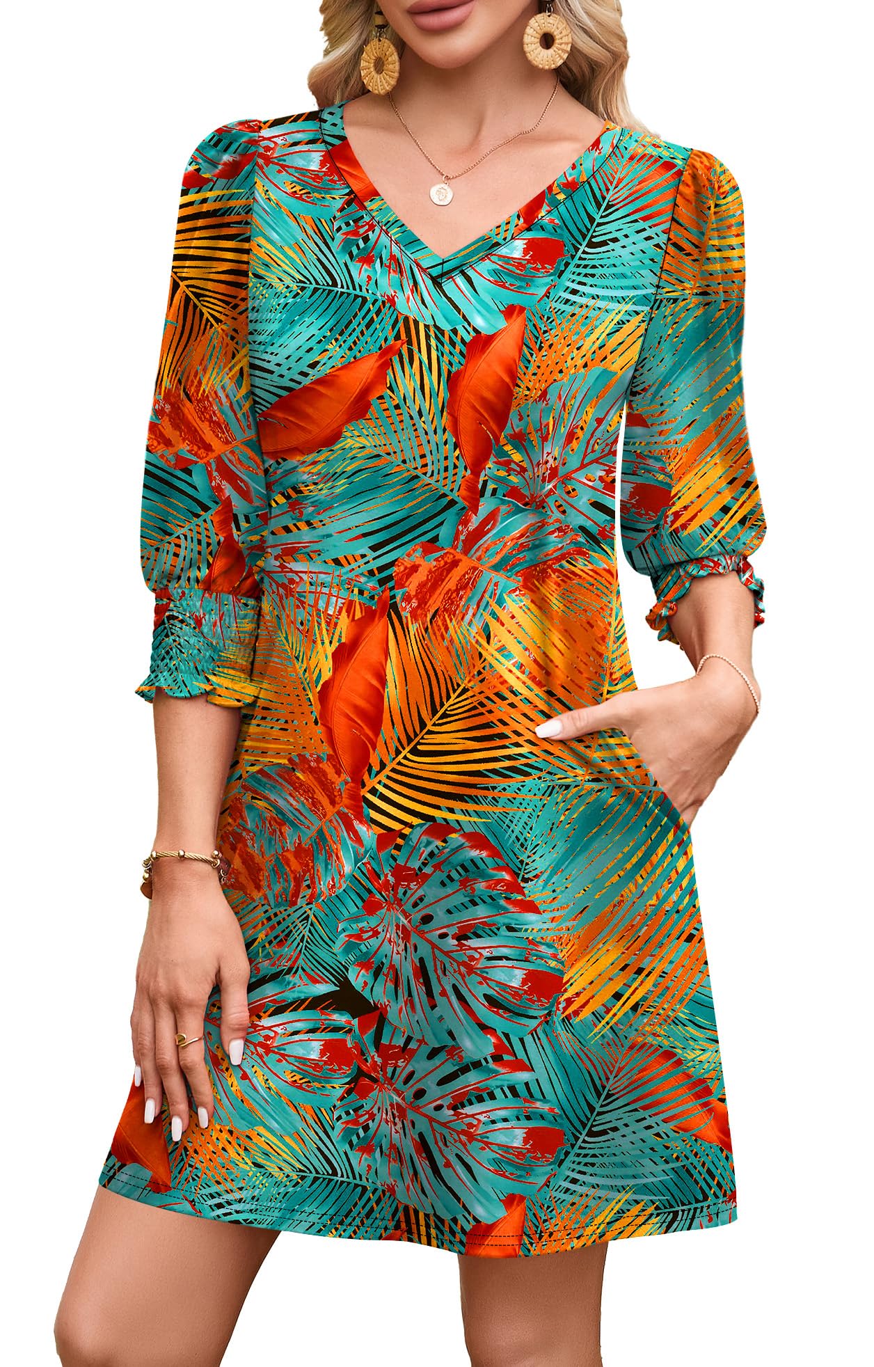 WIHOLL Women's Summer Dresses 3/4 Puff Sleeve Casual Sundress Dress with Pockets Beach Vacation 2025 Fashion