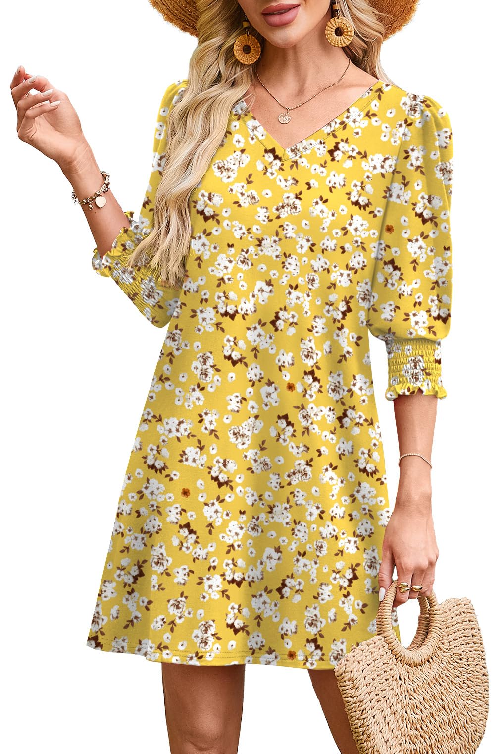 WIHOLL Women's Summer Dresses 3/4 Puff Sleeve Casual Sundress Dress with Pockets Beach Vacation 2025 Fashion