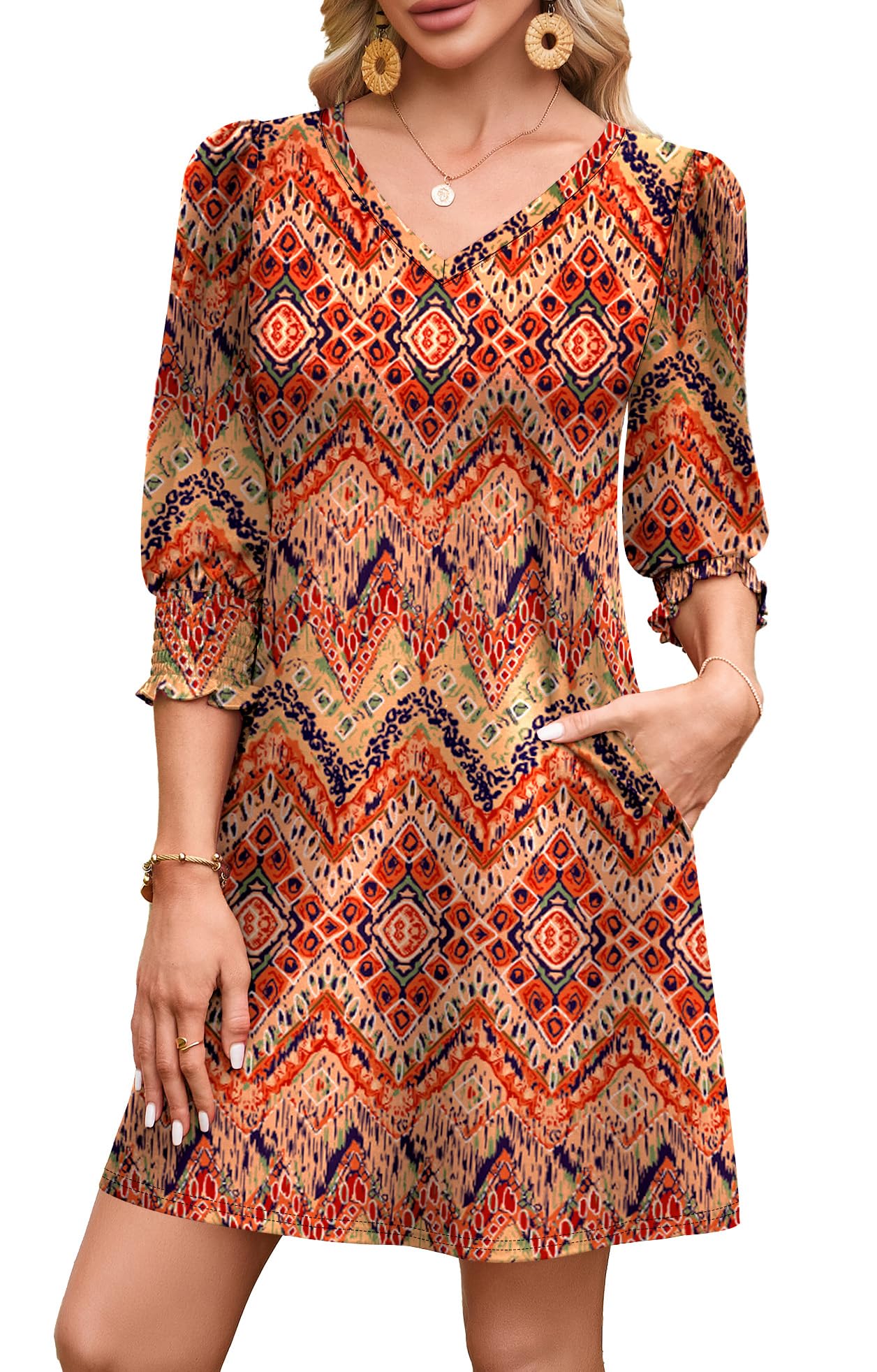 WIHOLL Women's Summer Dresses 3/4 Puff Sleeve Casual Sundress Dress with Pockets Beach Vacation 2025 Fashion