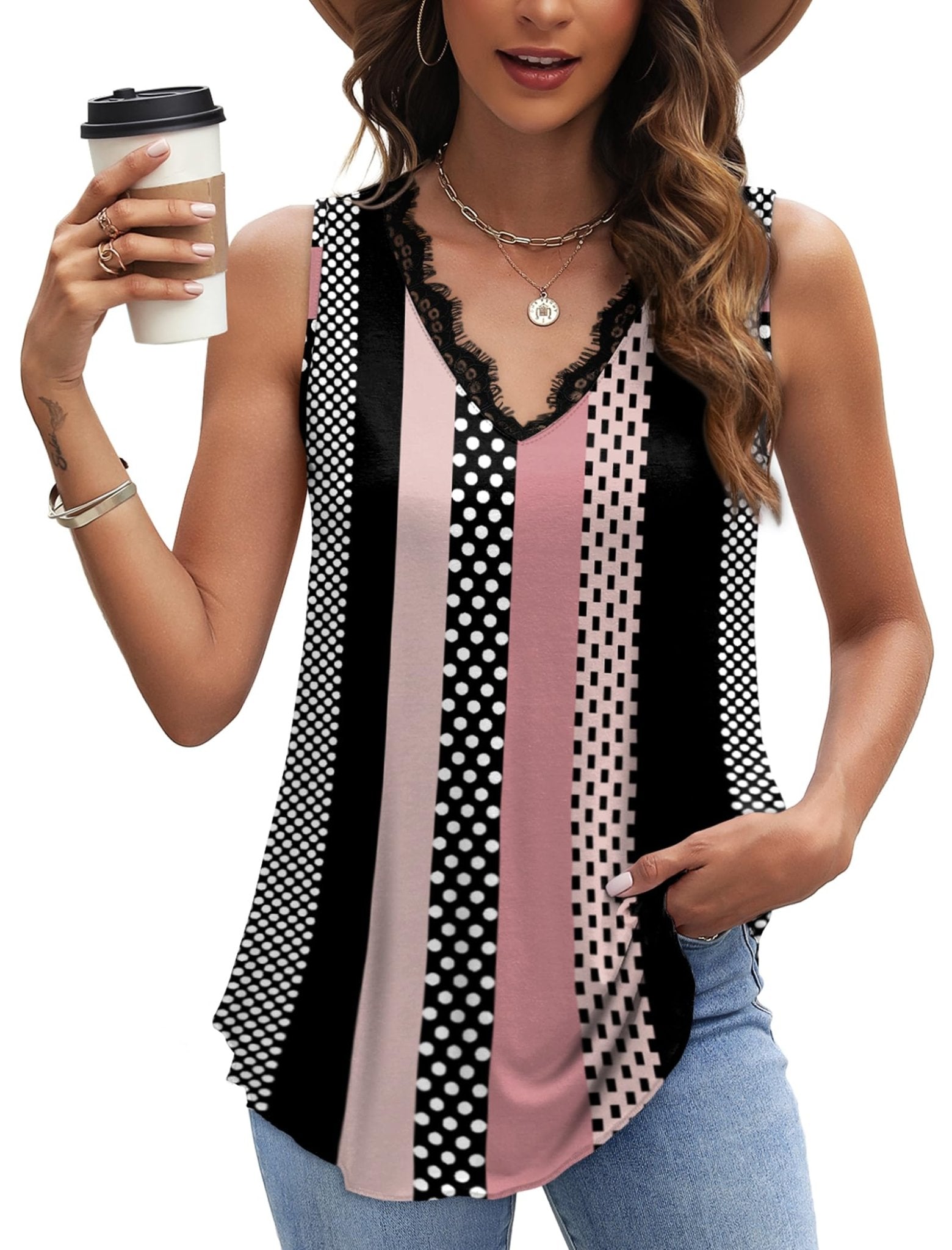 WIHOLL Womens Summer Tank Tops Loose Fit Lace V Neck Sleeveless Tops Shirts Dressy Casual Flowy(S-3XL)