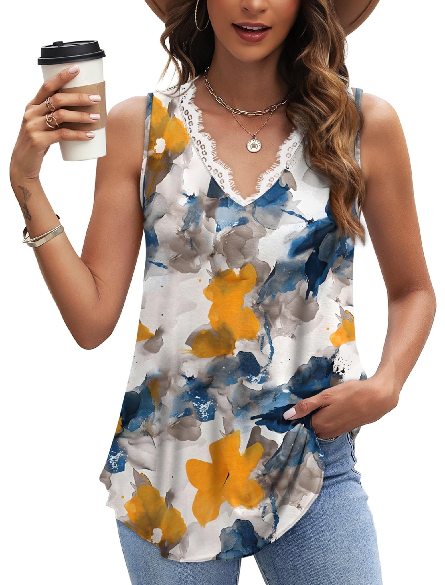 WIHOLL Womens Summer Tank Tops Loose Fit Lace V Neck Sleeveless Tops Shirts Dressy Casual Flowy(S-3XL)